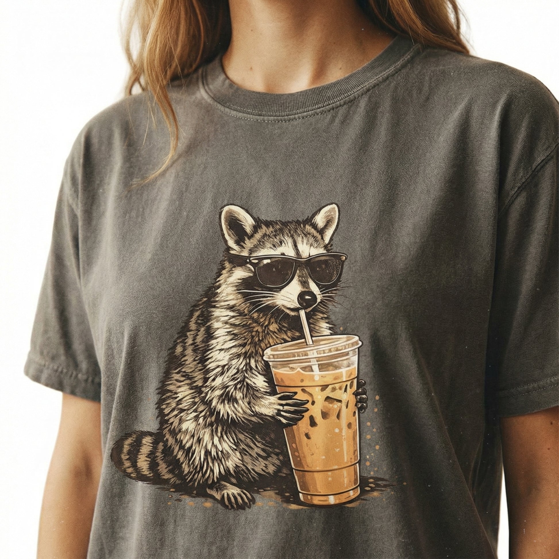 Funny Raccoon Iced Coffee Graphic T-Shirt – Cute Animal Lover Tee