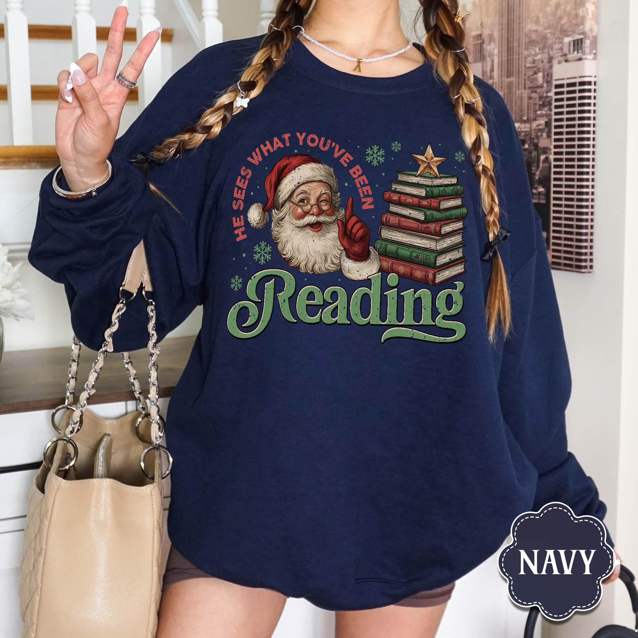 Funny Santa Book Sweatshirt – Christmas Reading Gift for Book Lovers