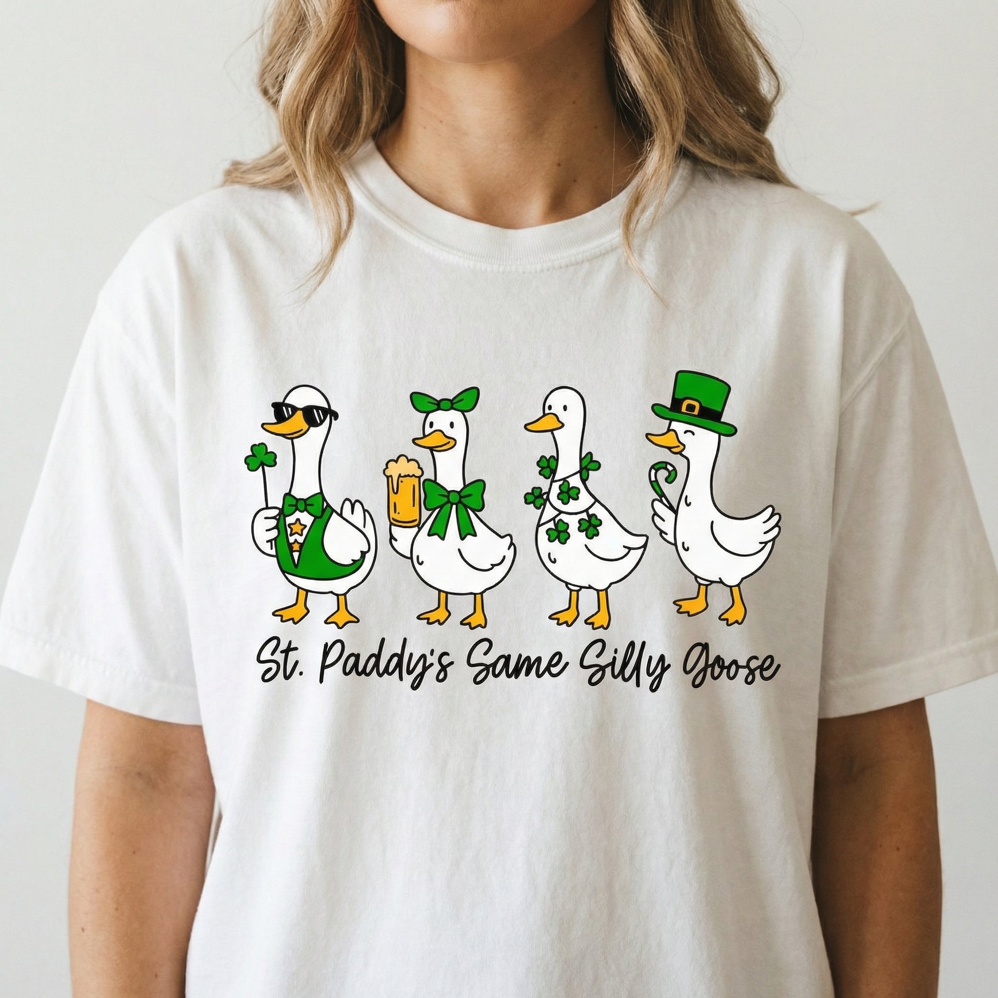 Funny St Patricks Day Silly Goose T-Shirt - Lucky Clover Coquette Graphic Tee