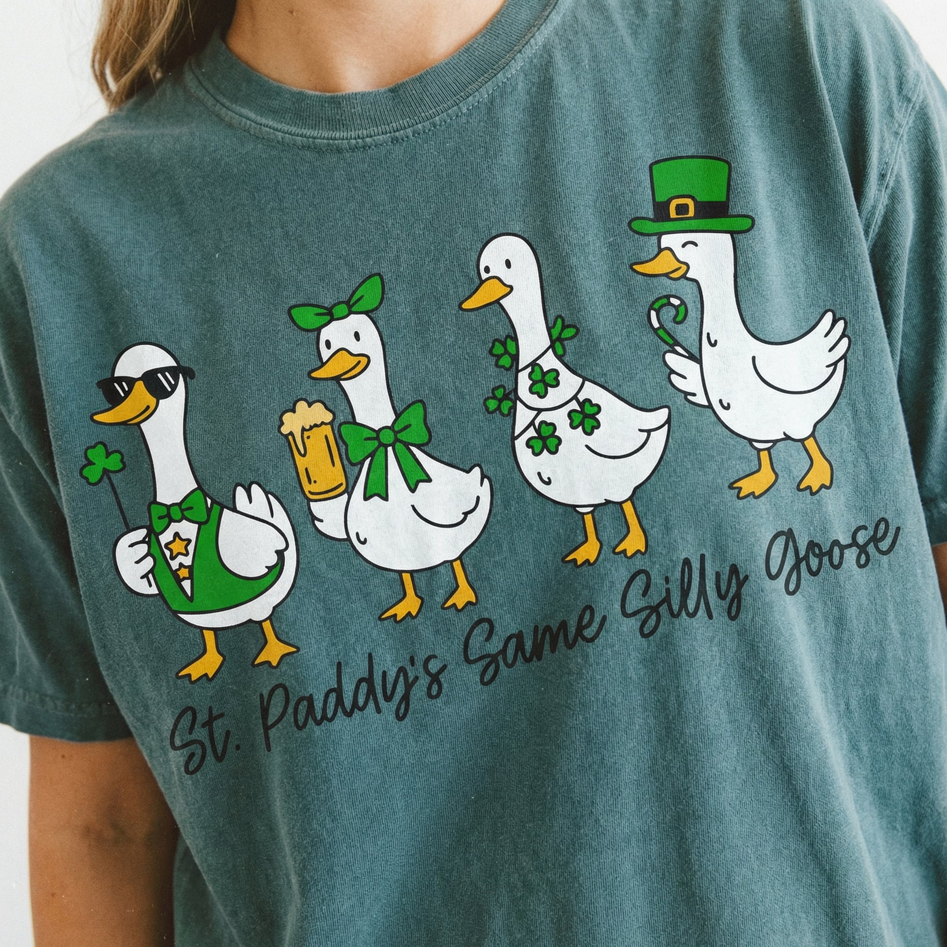 Funny St Patricks Day Silly Goose T-Shirt - Lucky Clover Coquette Graphic Tee