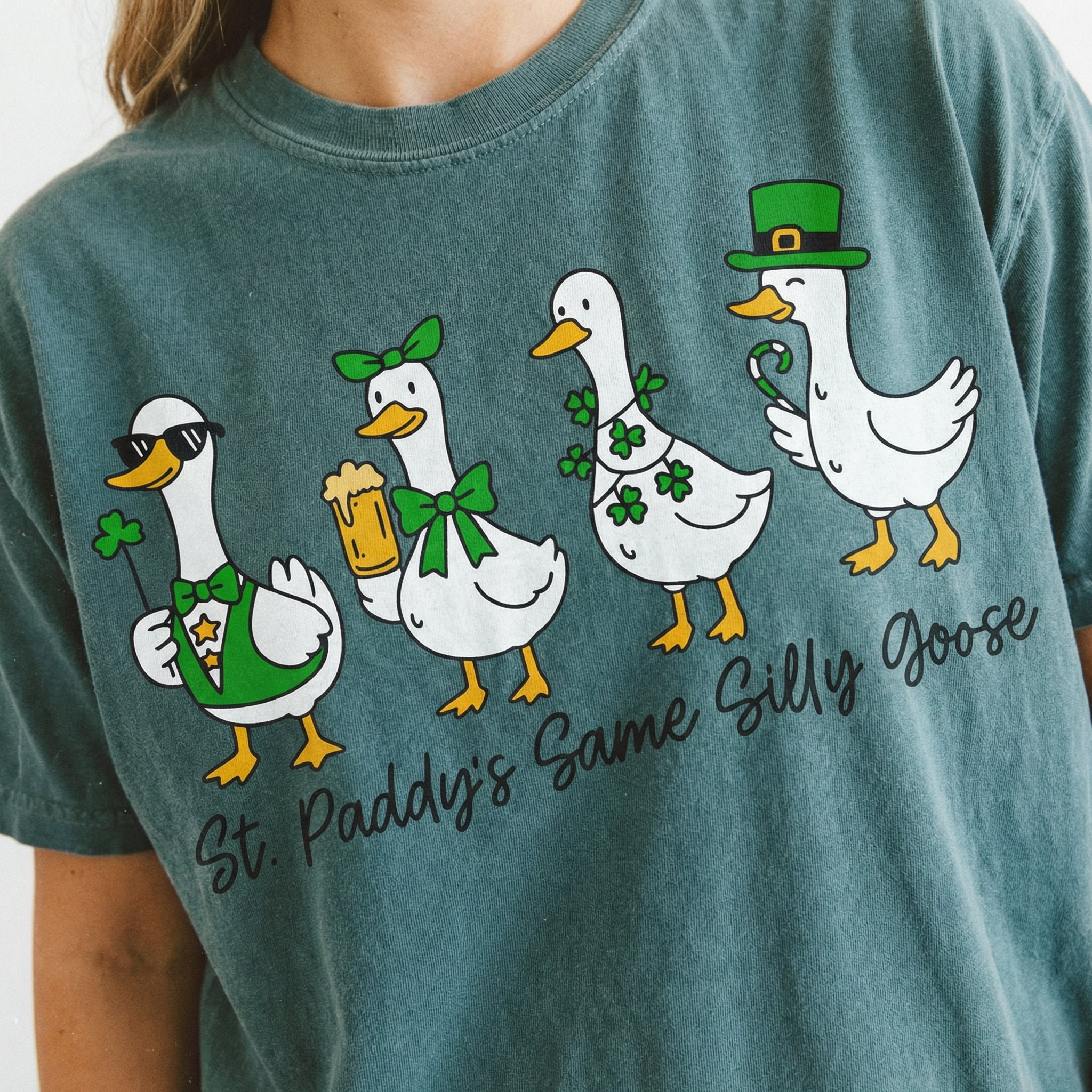 Funny St Patricks Day Silly Goose T-Shirt - Lucky Clover Coquette Graphic Tee