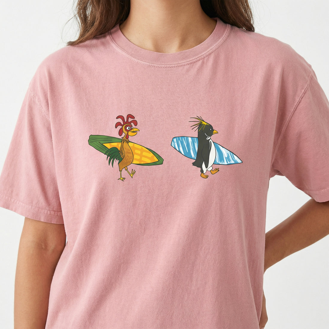 Funny Surfing Penguin & Chicken Graphic T-Shirt – Animated Surf Inspired Tee