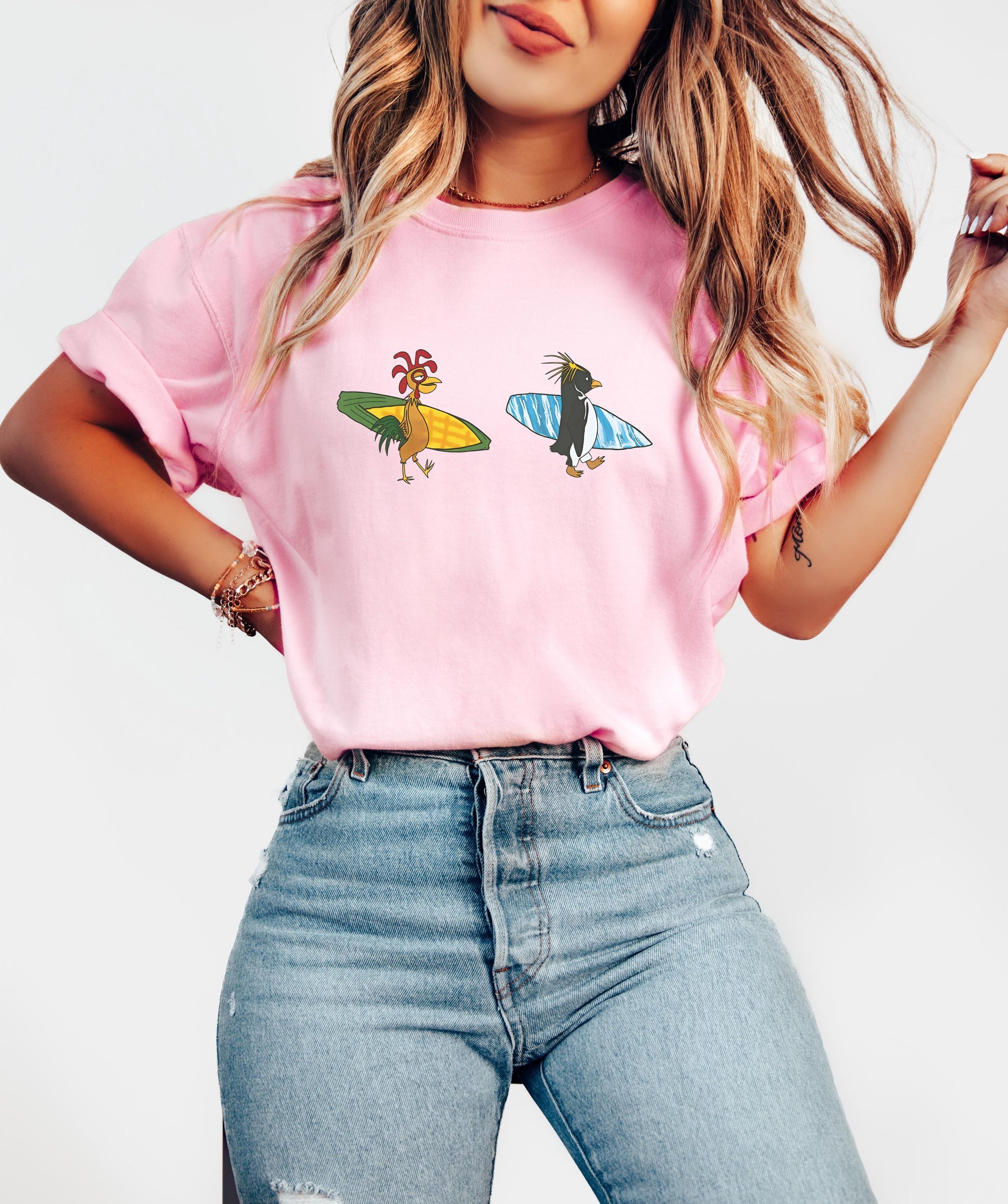 Funny Surfing Penguin & Chicken Graphic T-Shirt – Animated Surf Inspired Tee