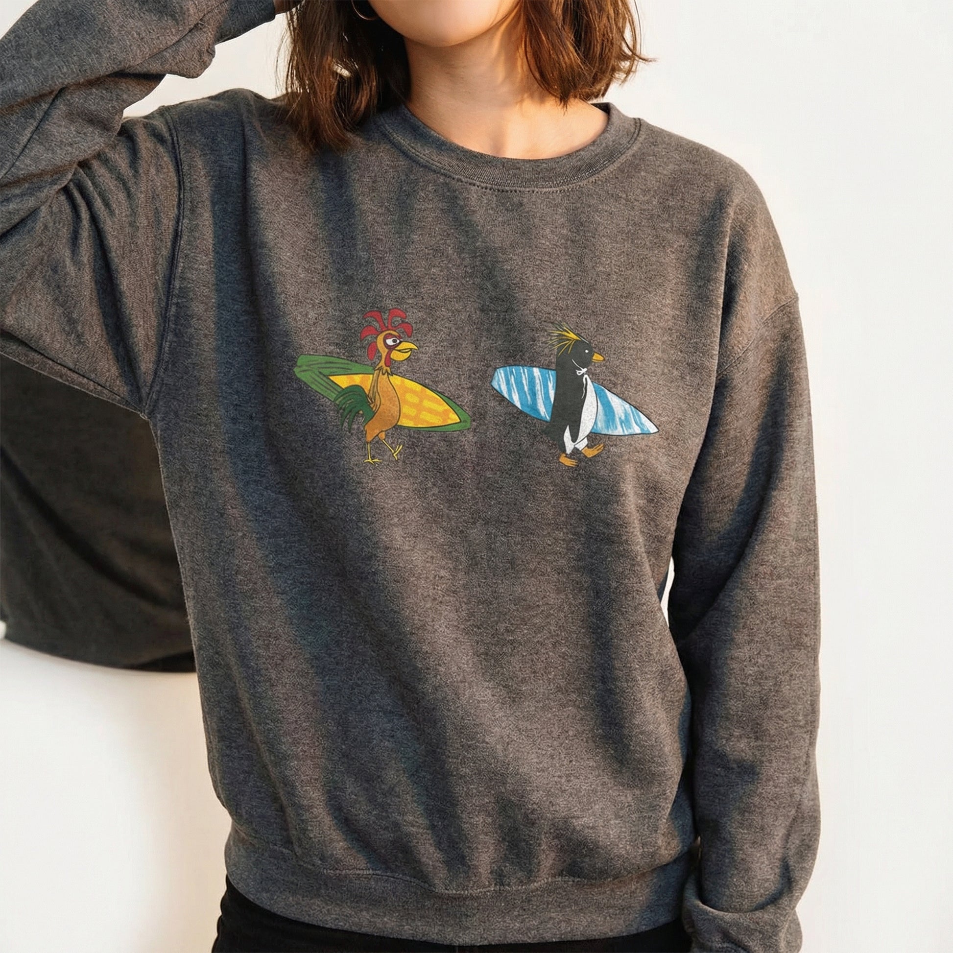 Funny Surfing Penguin & Chicken Graphic T-Shirt – Animated Surf Inspired Tee