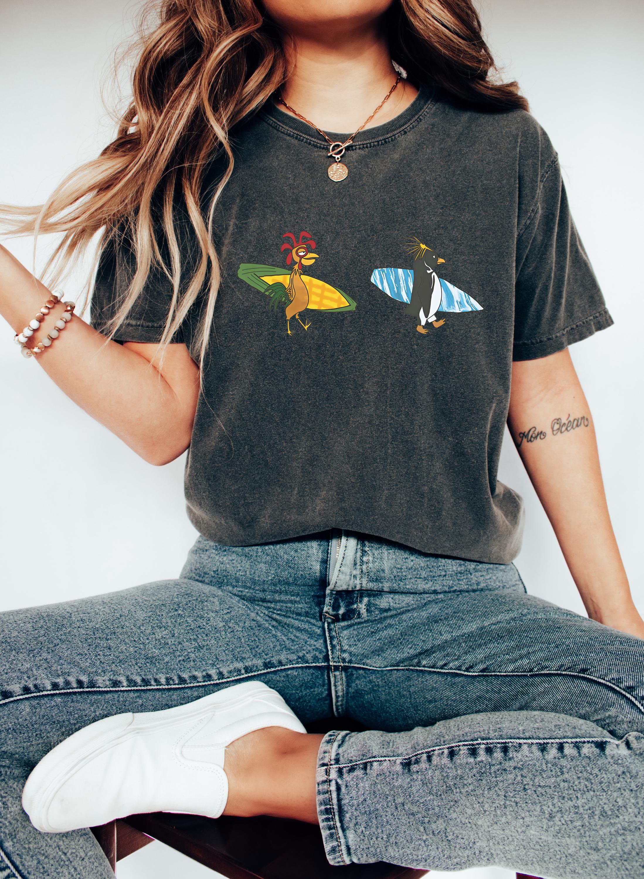 Funny Surfing Penguin & Chicken Graphic T-Shirt – Animated Surf Inspired Tee