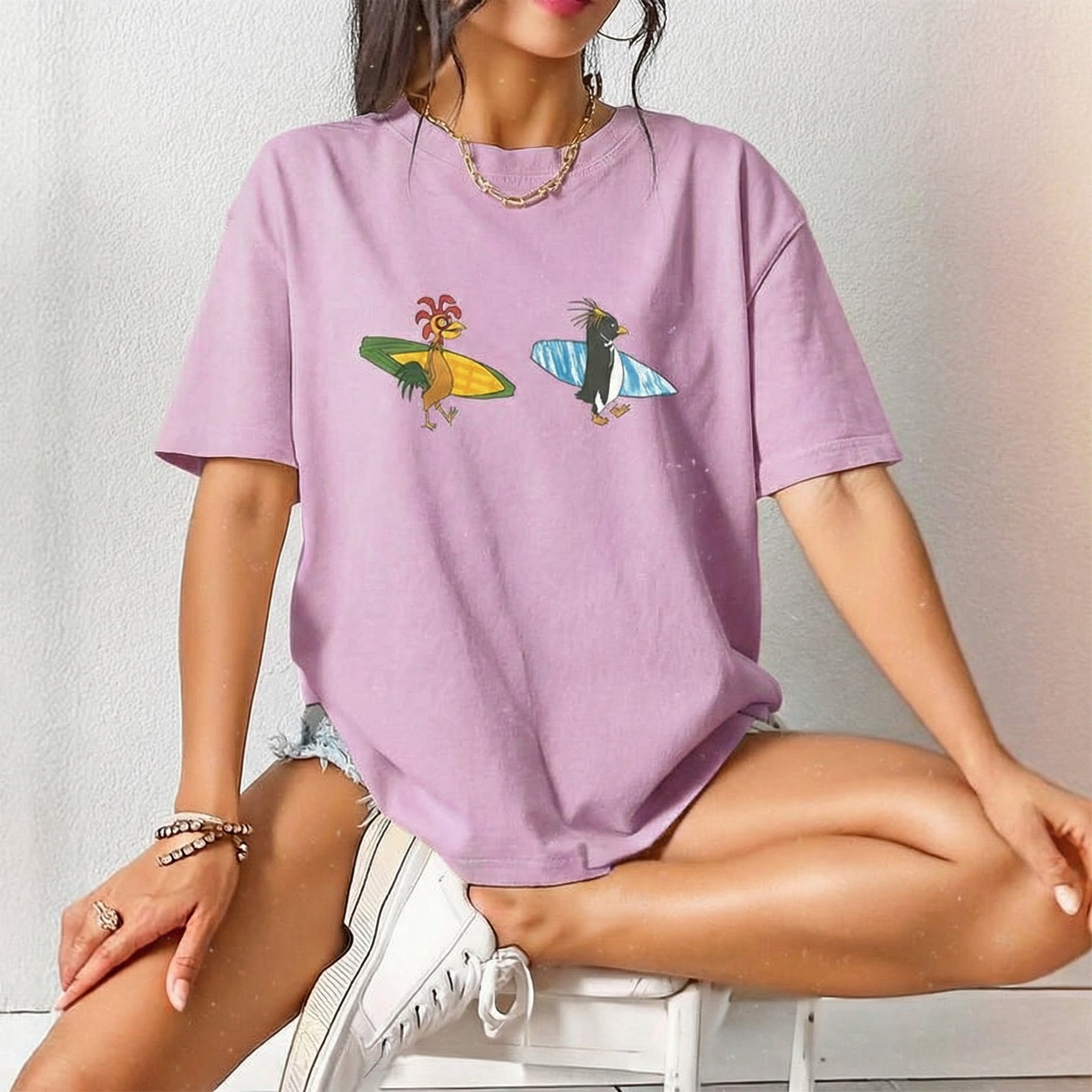 Funny Surfing Penguin & Chicken Graphic T-Shirt – Animated Surf Inspired Tee