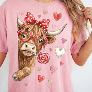 Funny Valentine Highland Cow T-Shirt - Howdy Valentine Coquette Graphic Tee - Love XOXO Heart