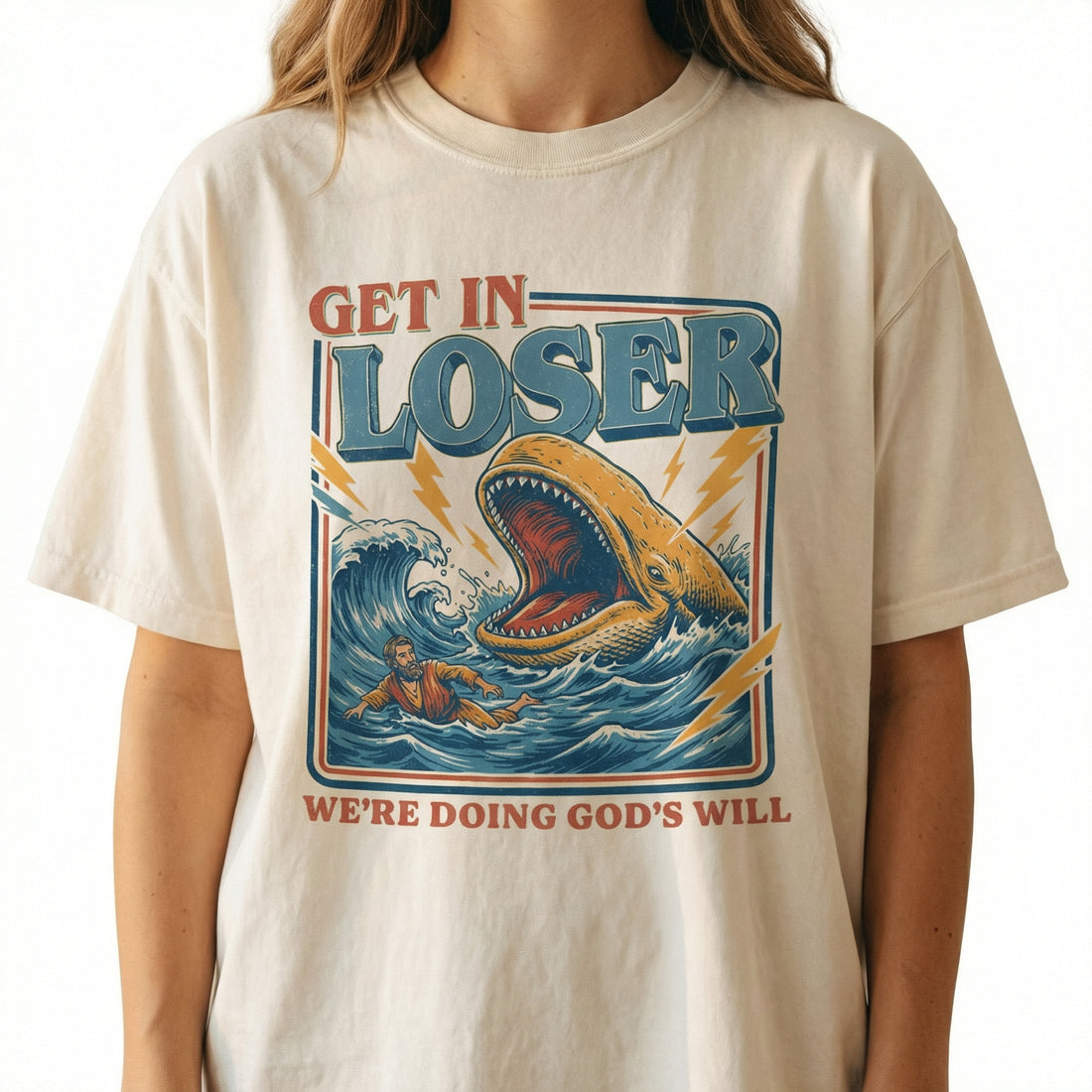 Get In Loser We're Doing God's Will Shirt – Retro Jonah Whale Graphic Tee – Christian Humor Gift