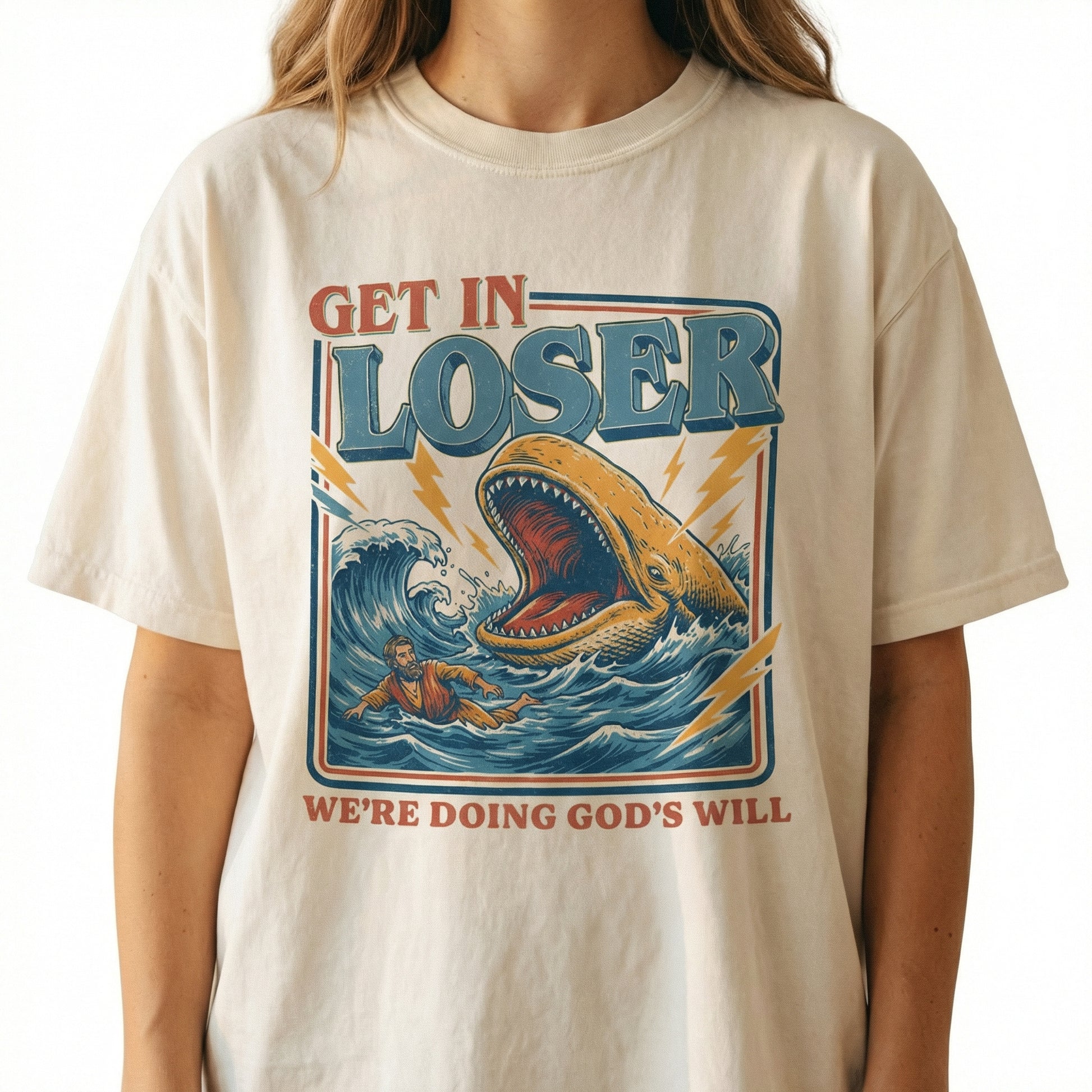 Get In Loser We're Doing God's Will Shirt – Retro Jonah Whale Graphic Tee – Christian Humor Gift