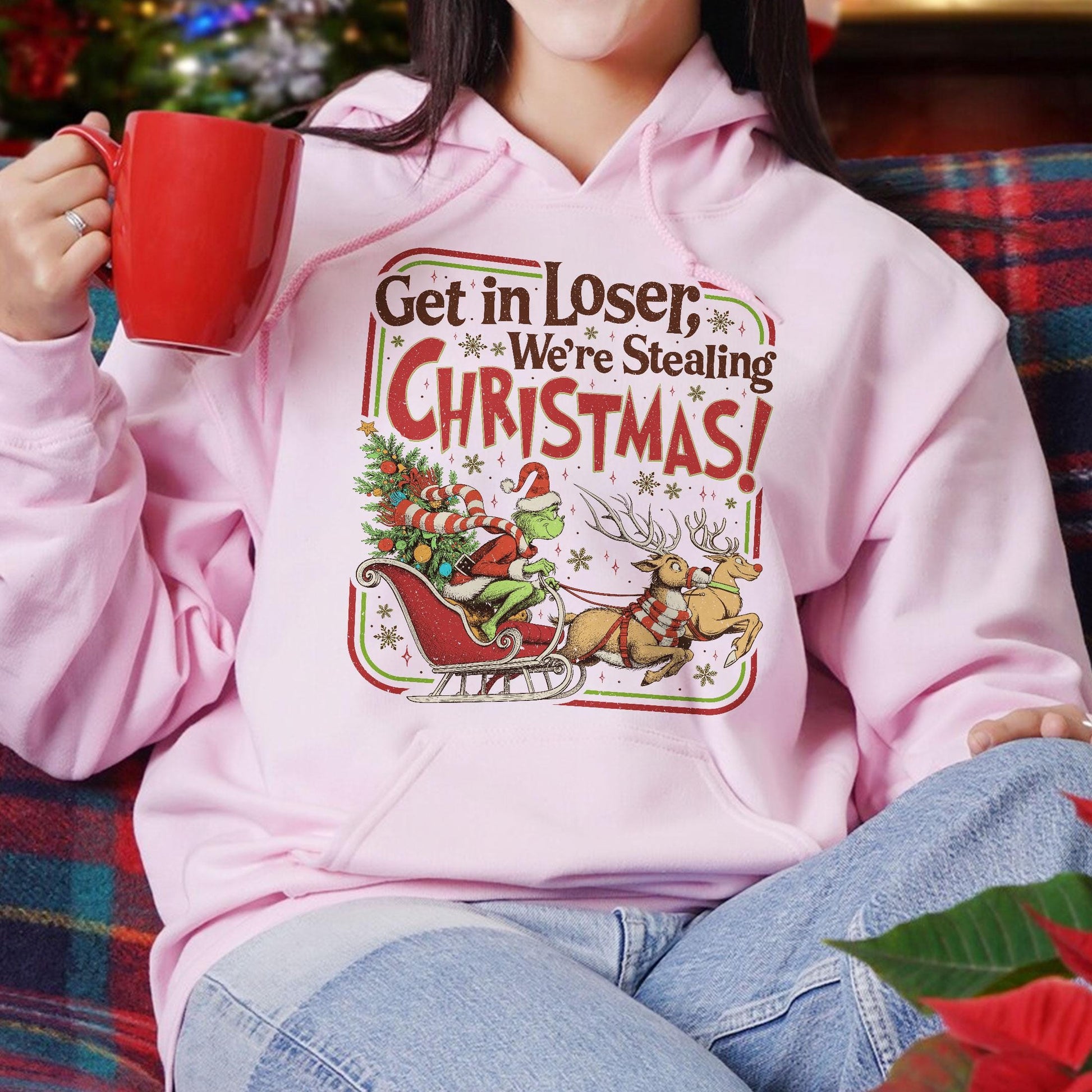 Get In Loser We’re Stealing Christmas Sweatshirt – Funny Holiday Crewneck, Christmas Town Green Animal Shirt