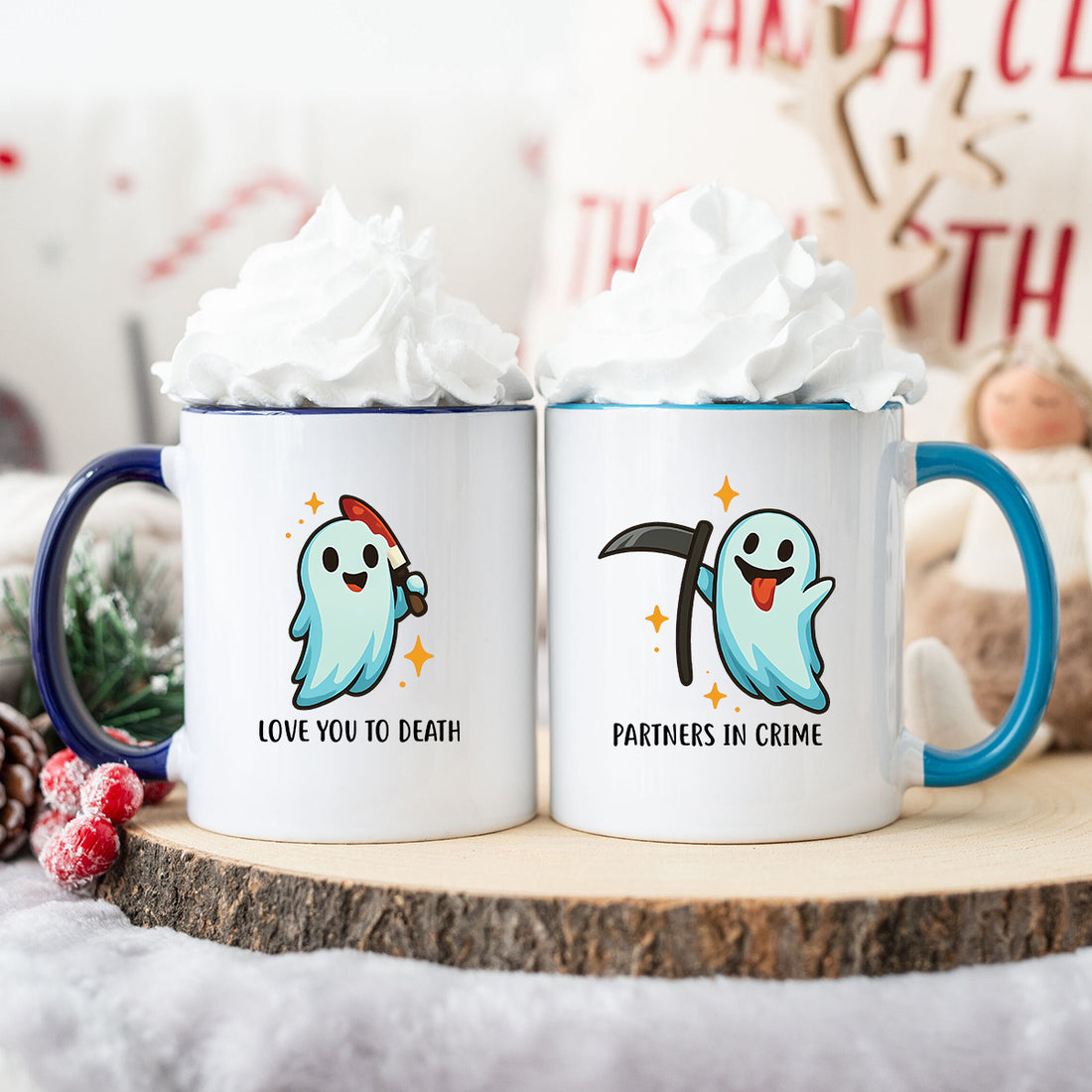 Ghost with Scythe & Ghost with Knife Matching Mugs For Couples