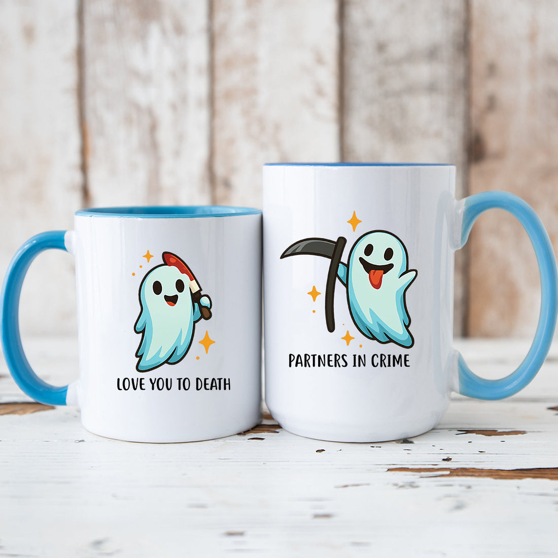 Ghost with Scythe & Ghost with Knife Matching Mugs For Couples