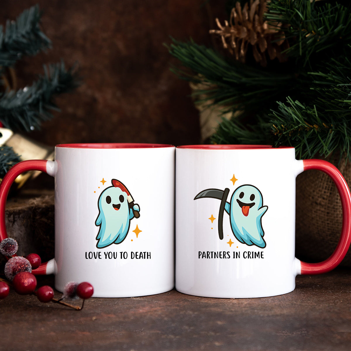 Ghost with Scythe & Ghost with Knife Matching Mugs For Couples