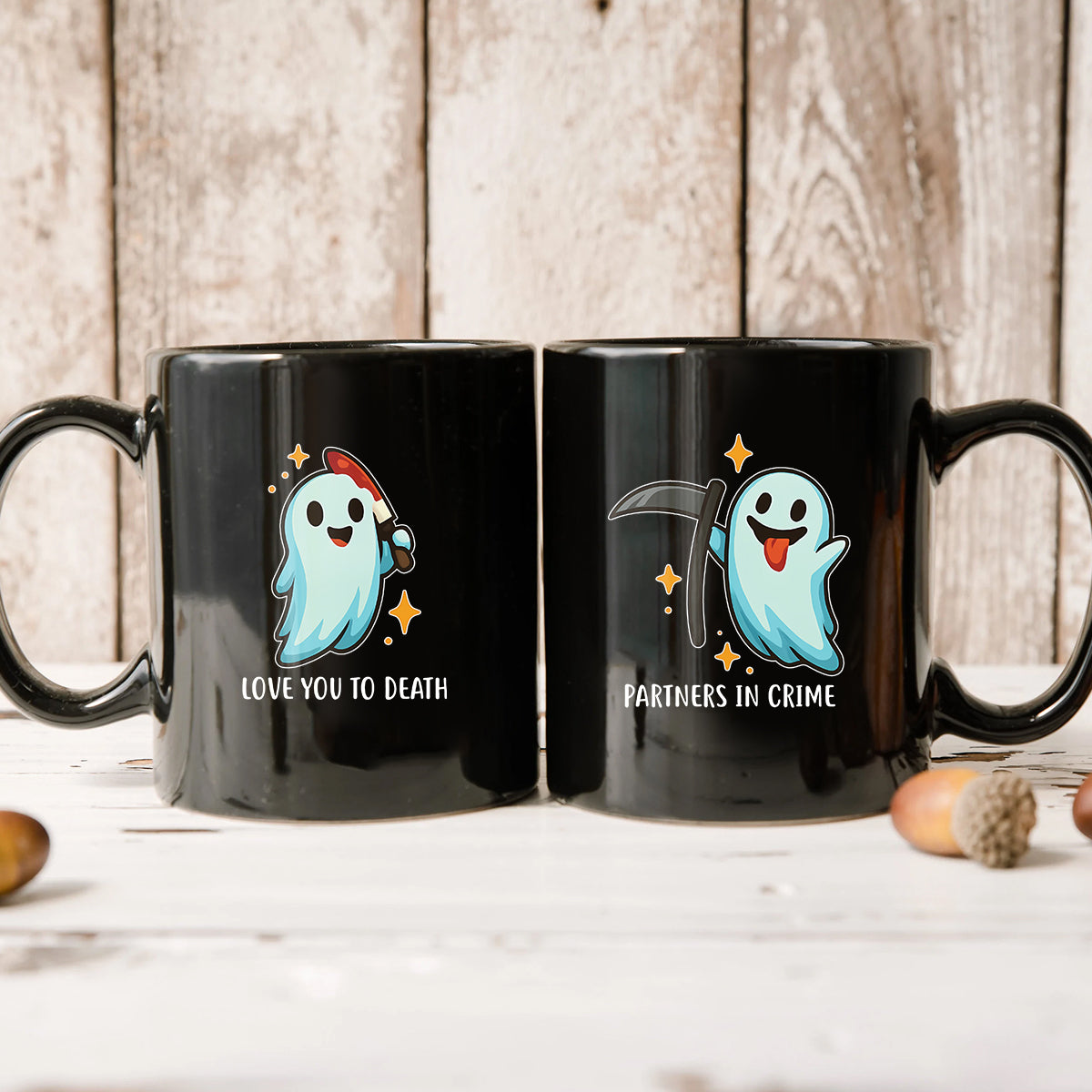 Ghost with Scythe & Ghost with Knife Matching Mugs For Couples