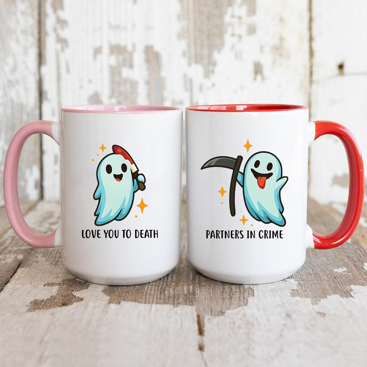 Ghost with Scythe & Ghost with Knife Matching Mugs For Couples