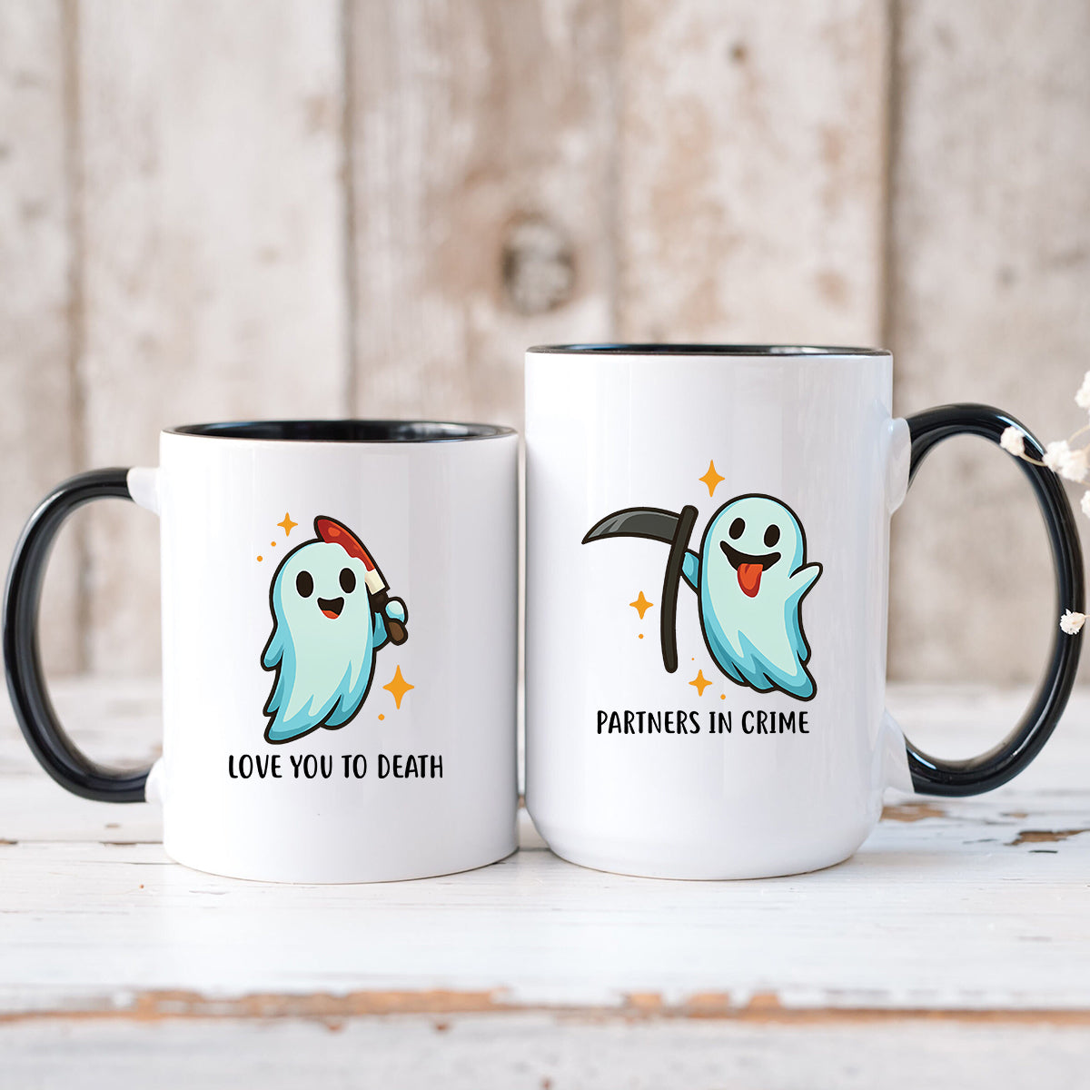 Ghost with Scythe & Ghost with Knife Matching Mugs For Couples