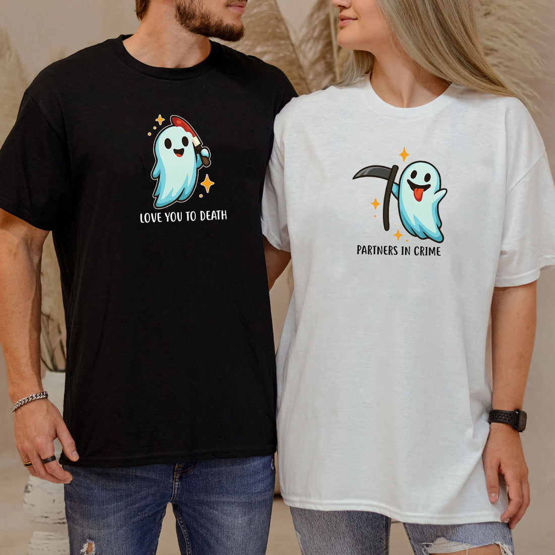 Ghost with Scythe & Ghost with Knife Matching T-Shirts For Couples