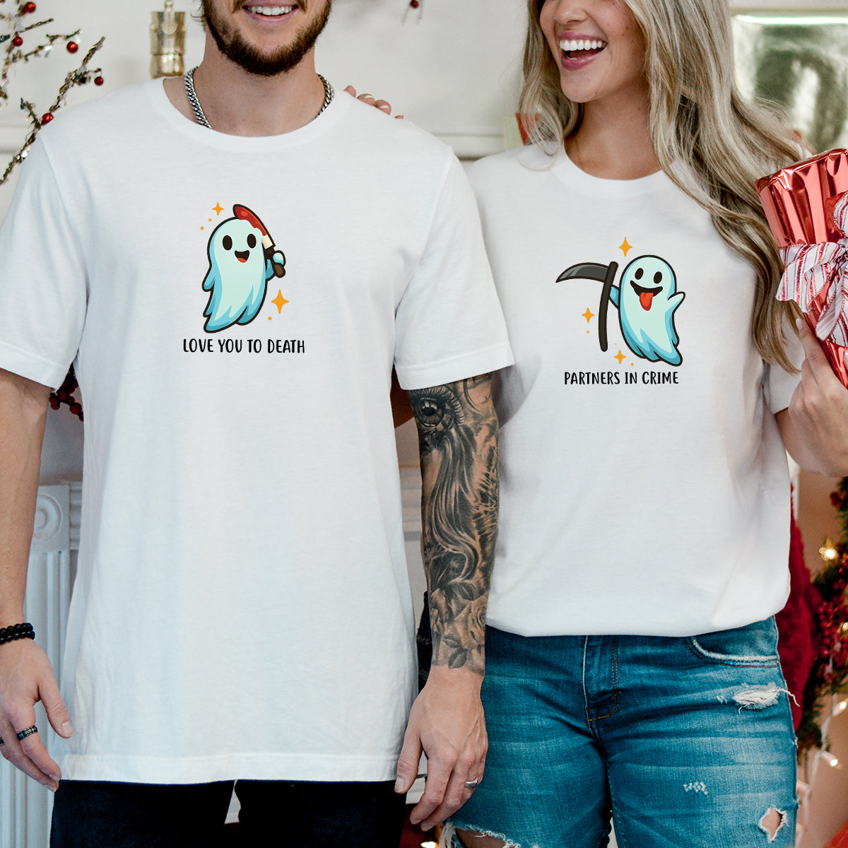 Ghost with Scythe & Ghost with Knife Matching T-Shirts For Couples