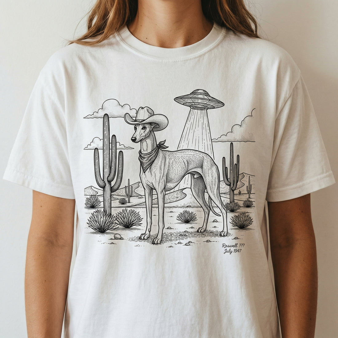 Greyhound & Whippet Cowboy Shirt – Vintage UFO Dog Graphic Tee – Gift for Dog Lovers