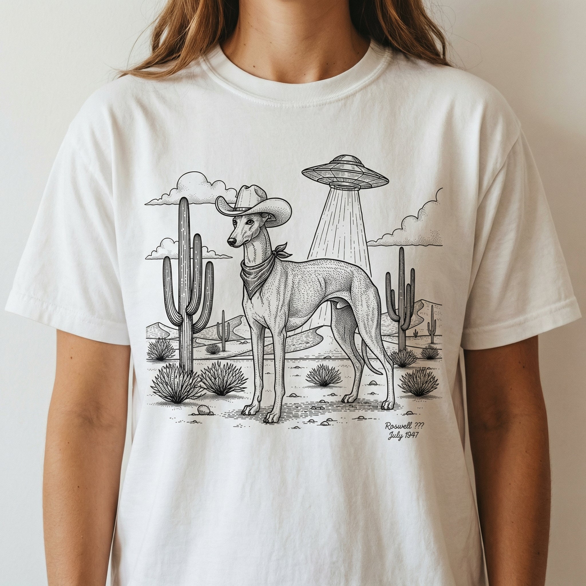 Greyhound & Whippet Cowboy Shirt – Vintage UFO Dog Graphic Tee – Gift for Dog Lovers