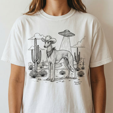 Greyhound & Whippet Cowboy Shirt – Vintage UFO Dog Graphic Tee – Gift for Dog Lovers