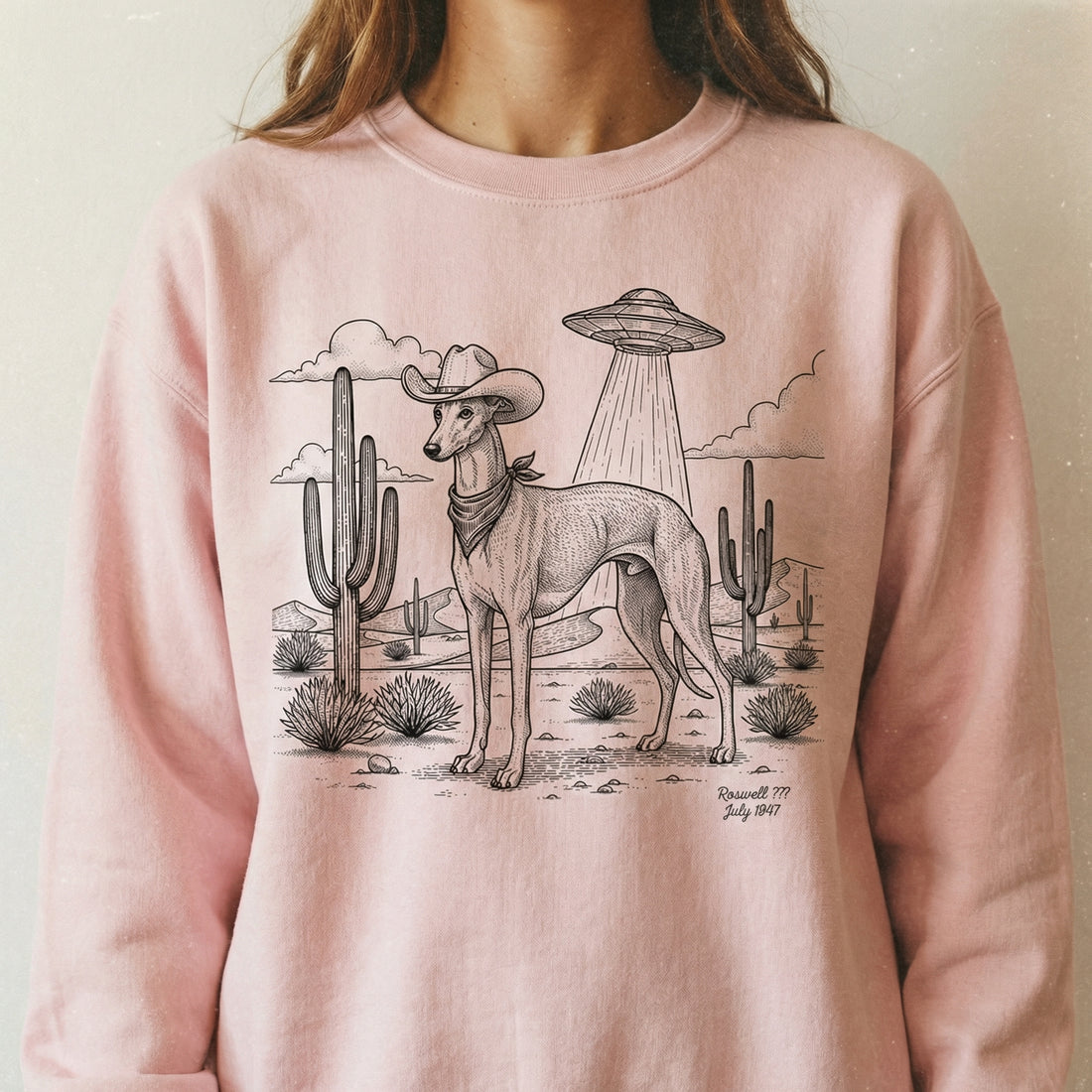 Greyhound & Whippet Cowboy Shirt – Vintage UFO Dog Graphic Tee – Gift for Dog Lovers