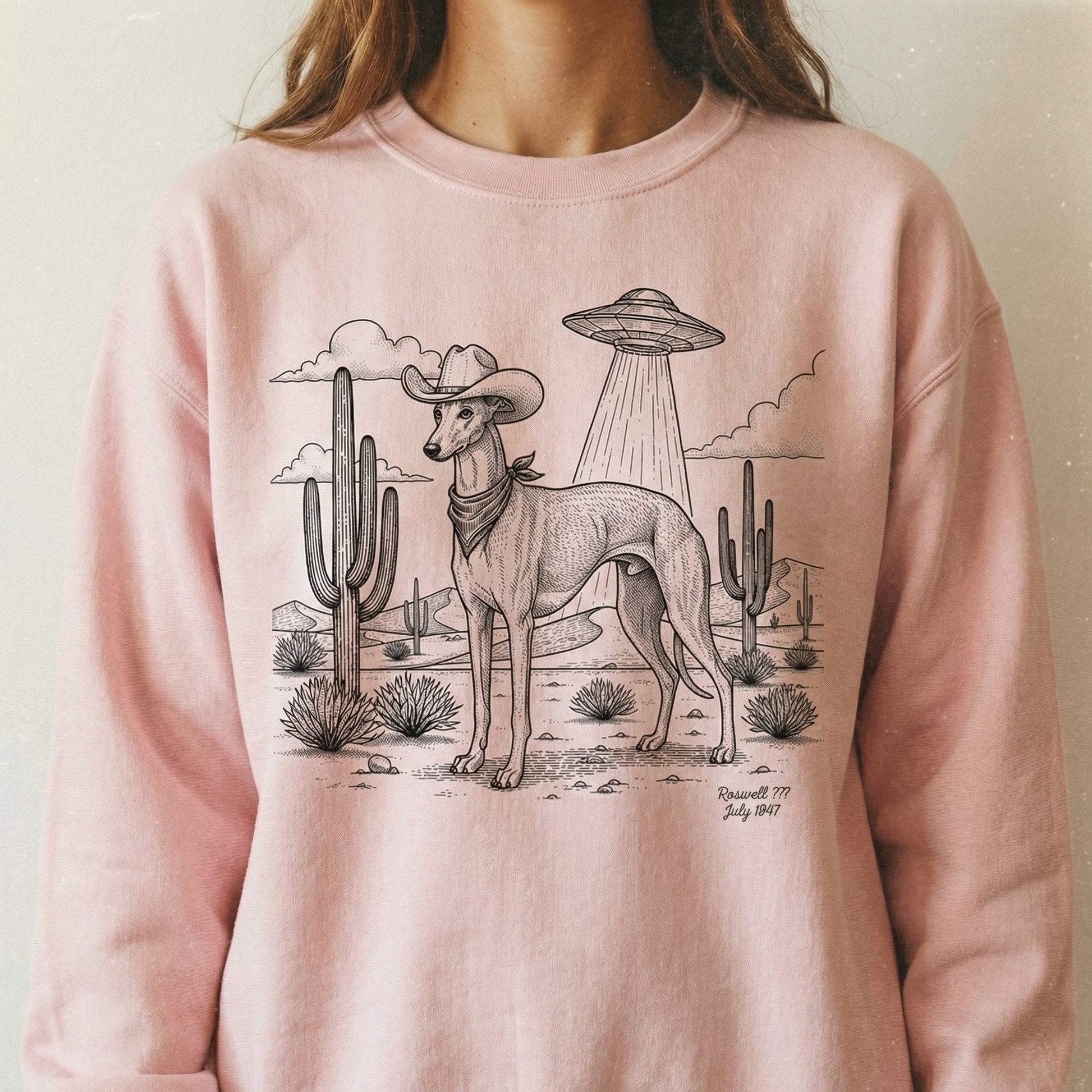 Greyhound & Whippet Cowboy Shirt – Vintage UFO Dog Graphic Tee – Gift for Dog Lovers
