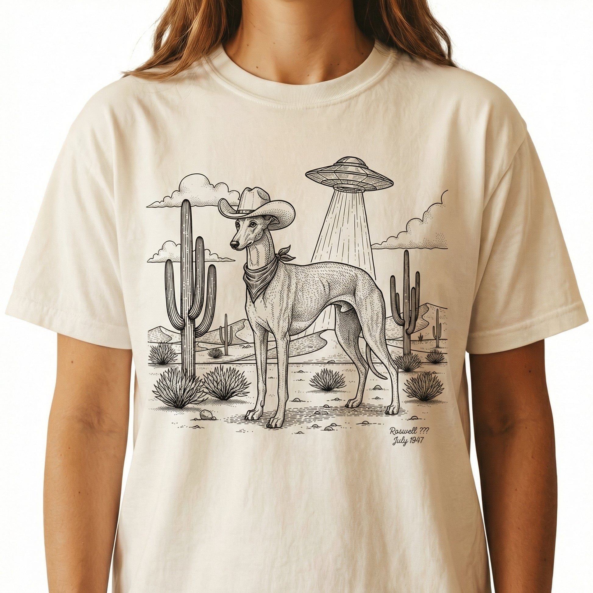 Greyhound & Whippet Cowboy Shirt – Vintage UFO Dog Graphic Tee – Gift for Dog Lovers