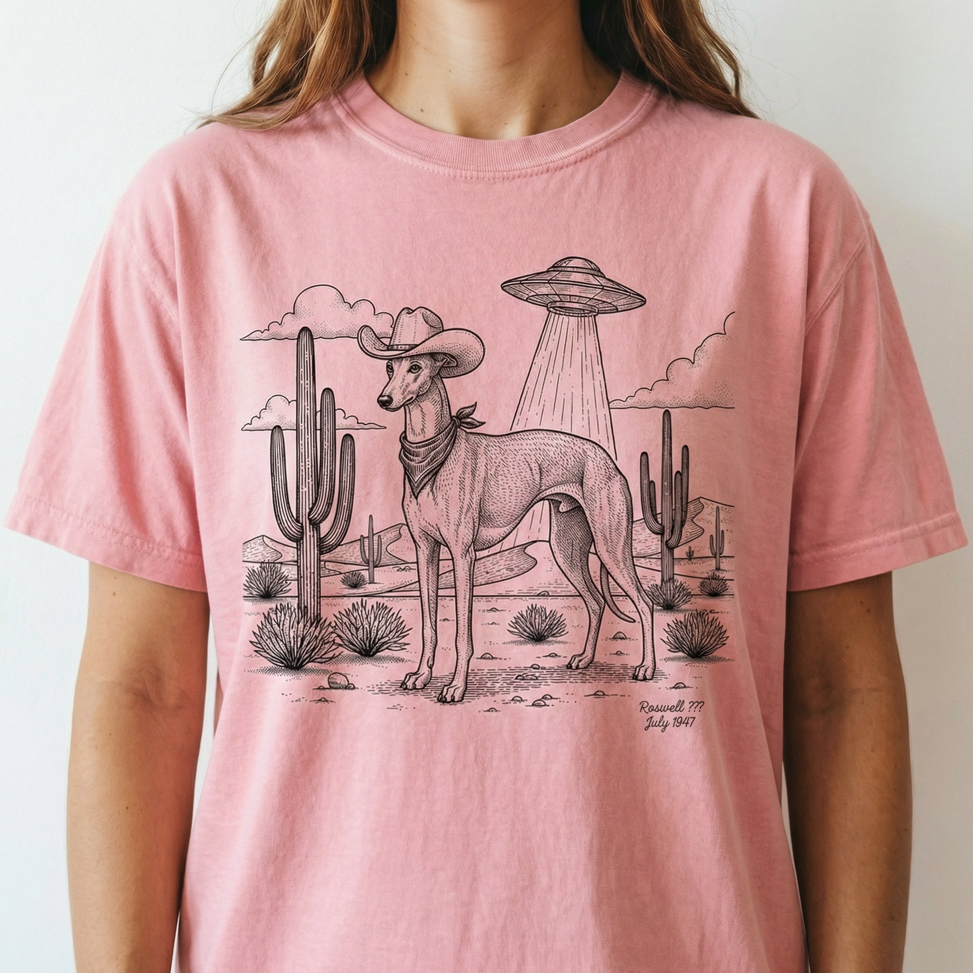 Greyhound & Whippet Cowboy Shirt – Vintage UFO Dog Graphic Tee – Gift for Dog Lovers
