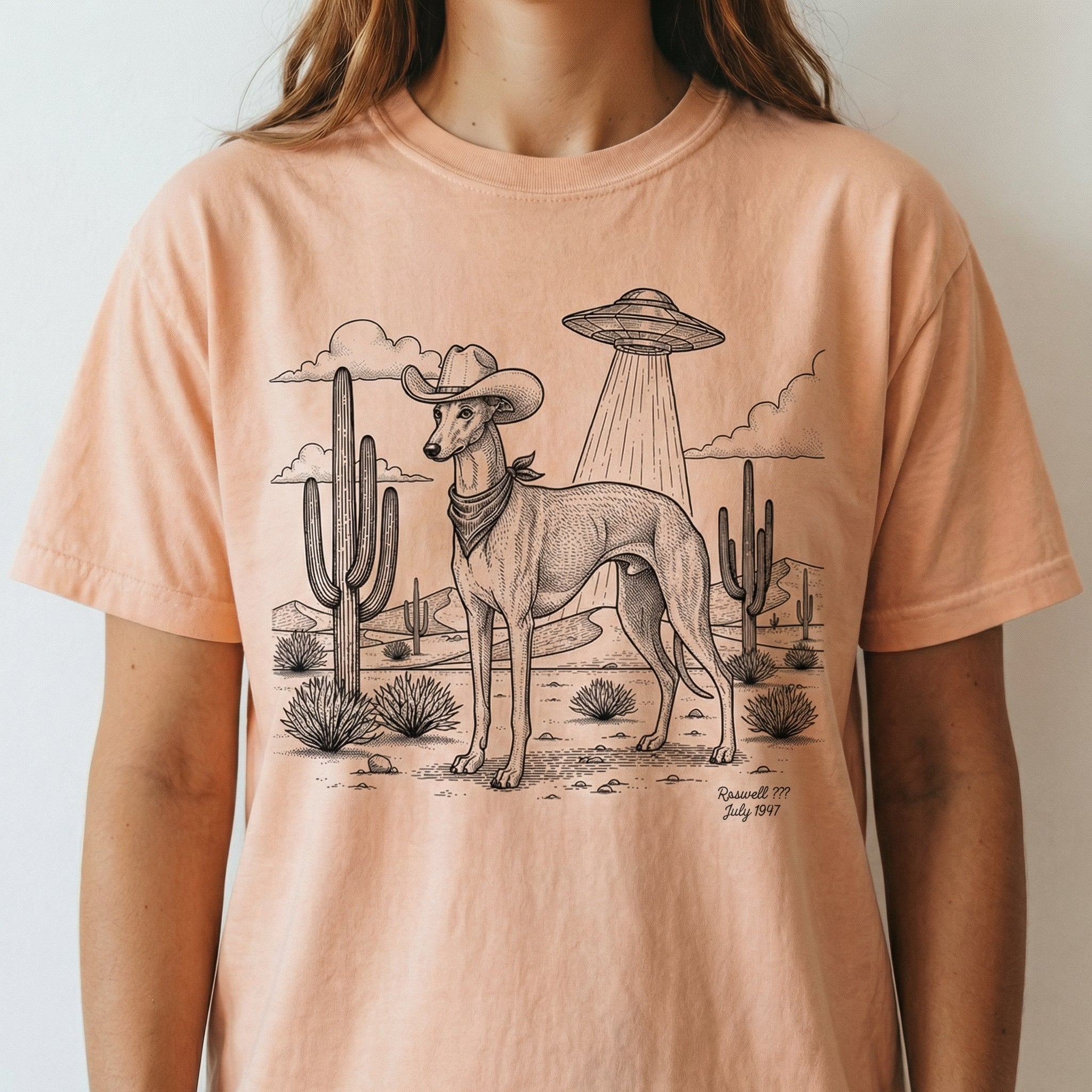 Greyhound & Whippet Cowboy Shirt – Vintage UFO Dog Graphic Tee – Gift for Dog Lovers