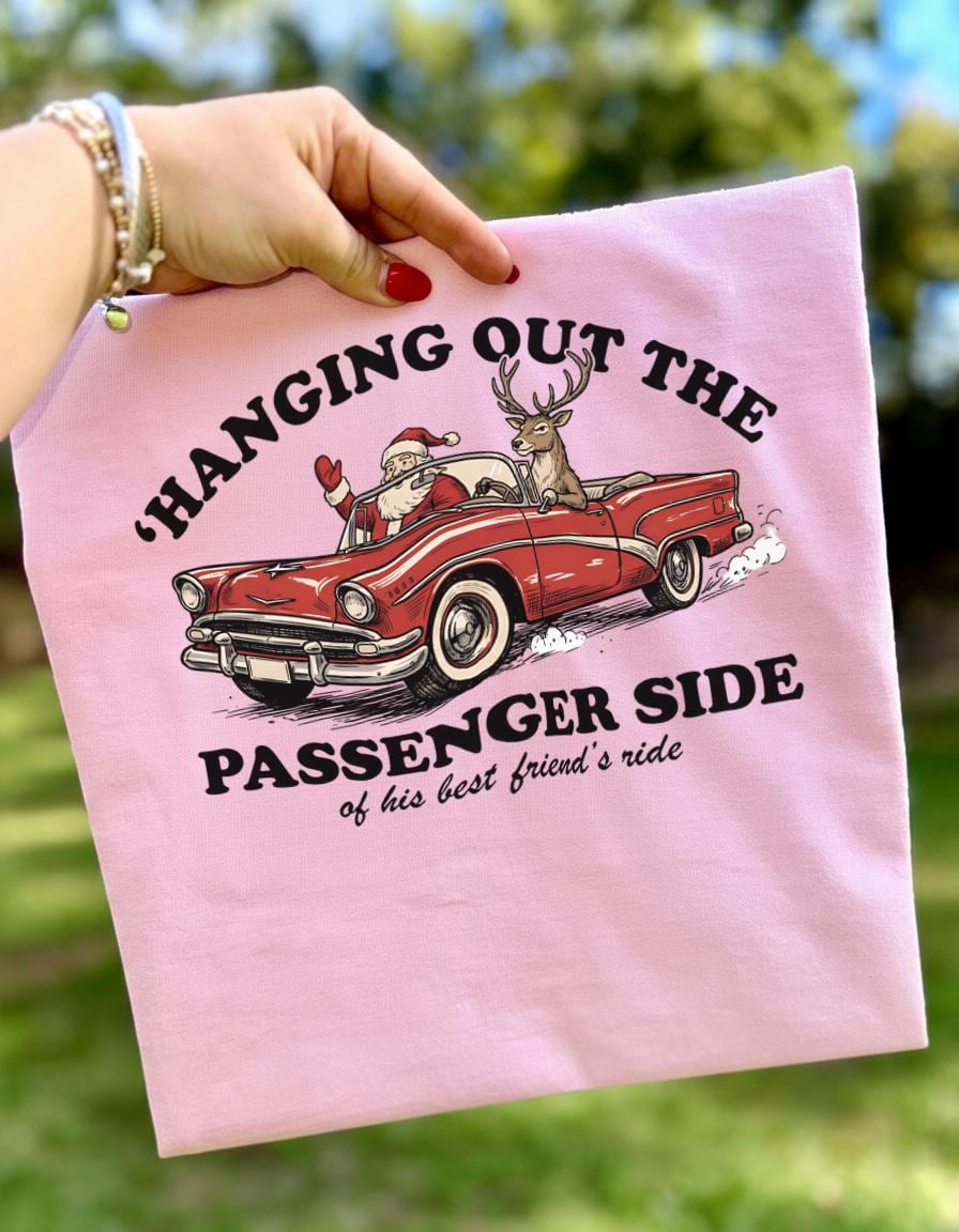 Hanging Out the Passenger Side Christmas T-Shirt – Funny Santa & Reindeer Car Parody Shirt