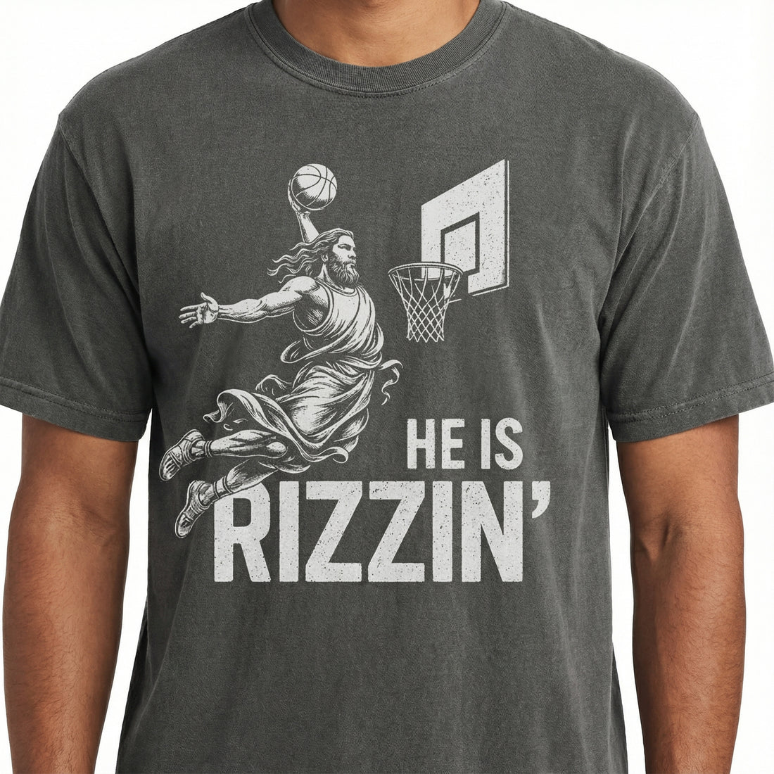 He Is Rizzin’ Funny Christian Basketball T-Shirt – Faith Humor Graphic Tee