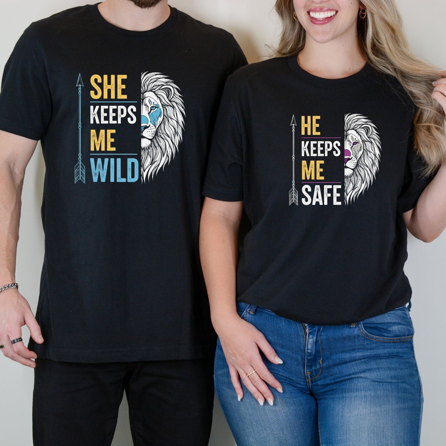 He Keeps Me Safe She Keeps Me Wild Lion Matching T-Shirts For Couples