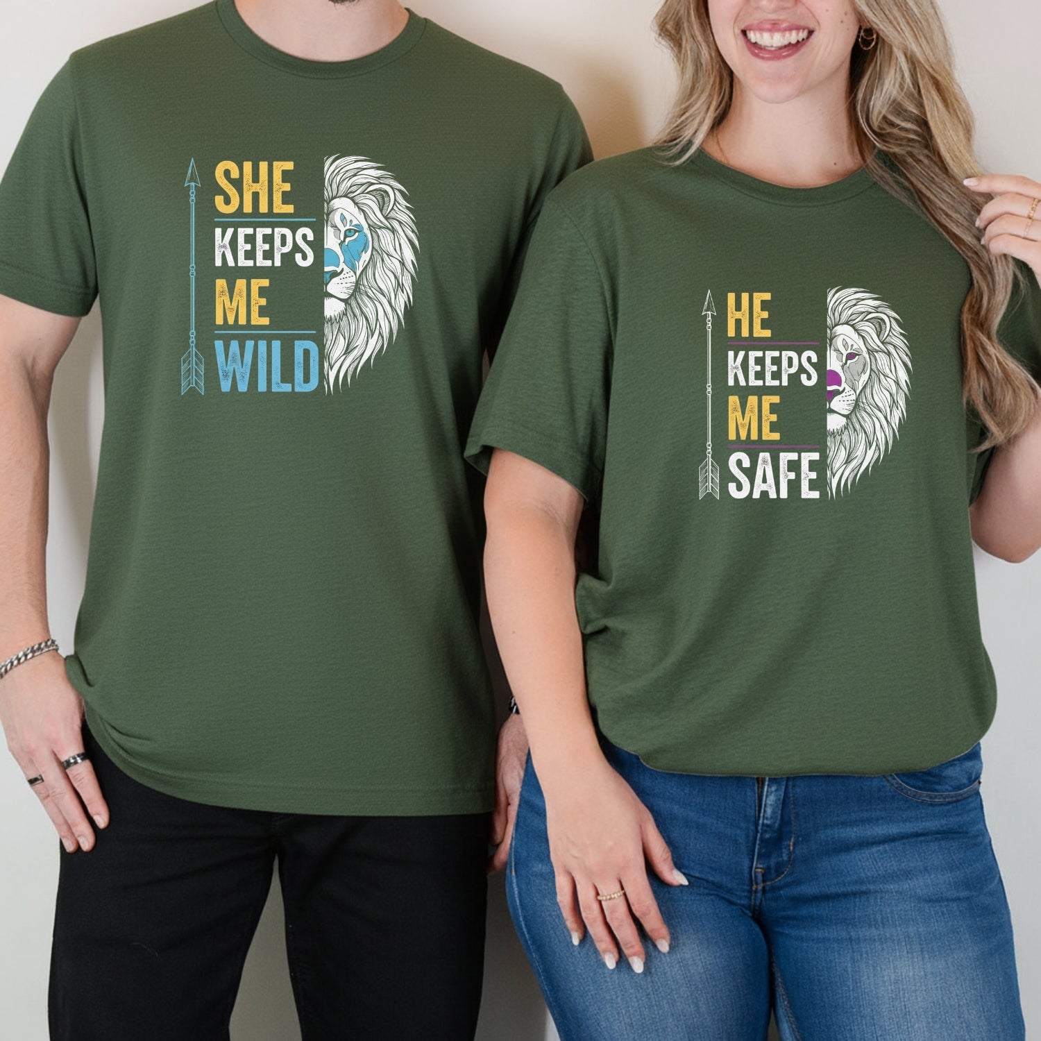 He Keeps Me Safe She Keeps Me Wild Lion Matching T-Shirts For Couples