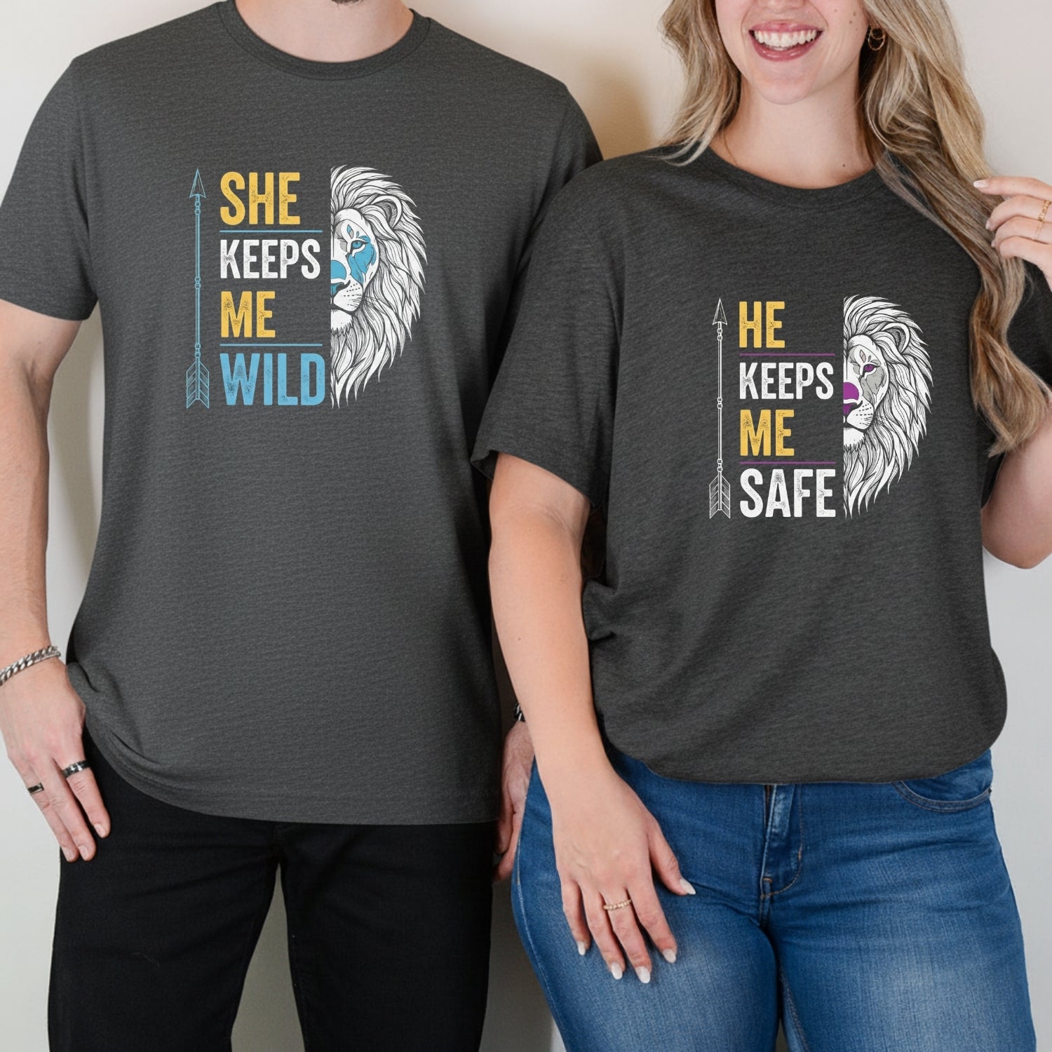 He Keeps Me Safe She Keeps Me Wild Lion Matching T-Shirts For Couples