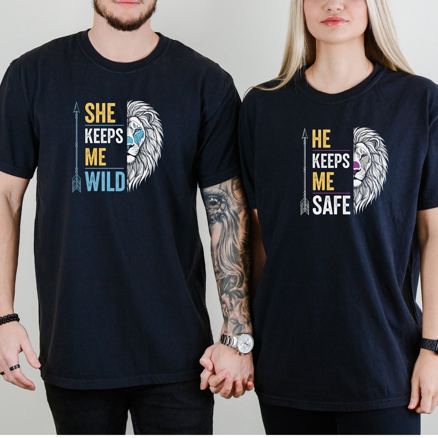 He Keeps Me Safe She Keeps Me Wild Lion Matching T-Shirts For Couples