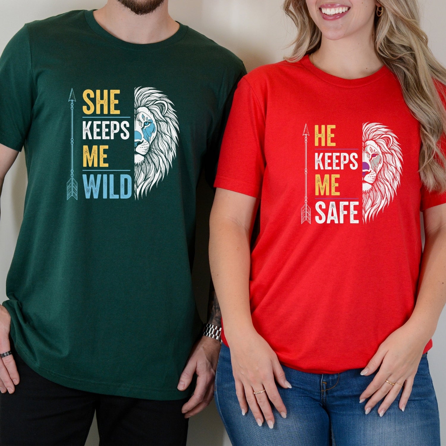 He Keeps Me Safe She Keeps Me Wild Lion Matching T-Shirts For Couples