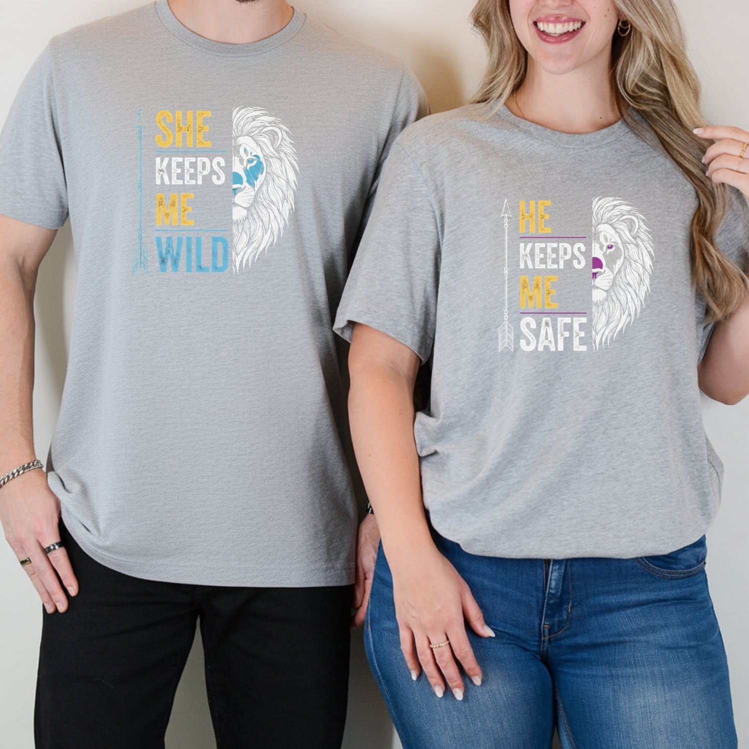 He Keeps Me Safe She Keeps Me Wild Lion Matching T-Shirts For Couples