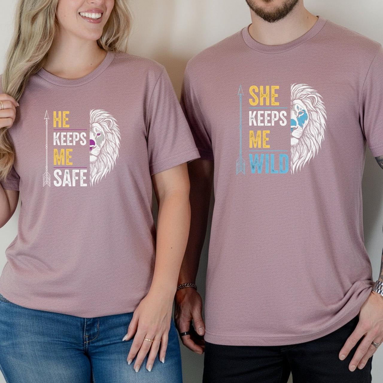 He Keeps Me Safe She Keeps Me Wild Lion Matching T-Shirts For Couples