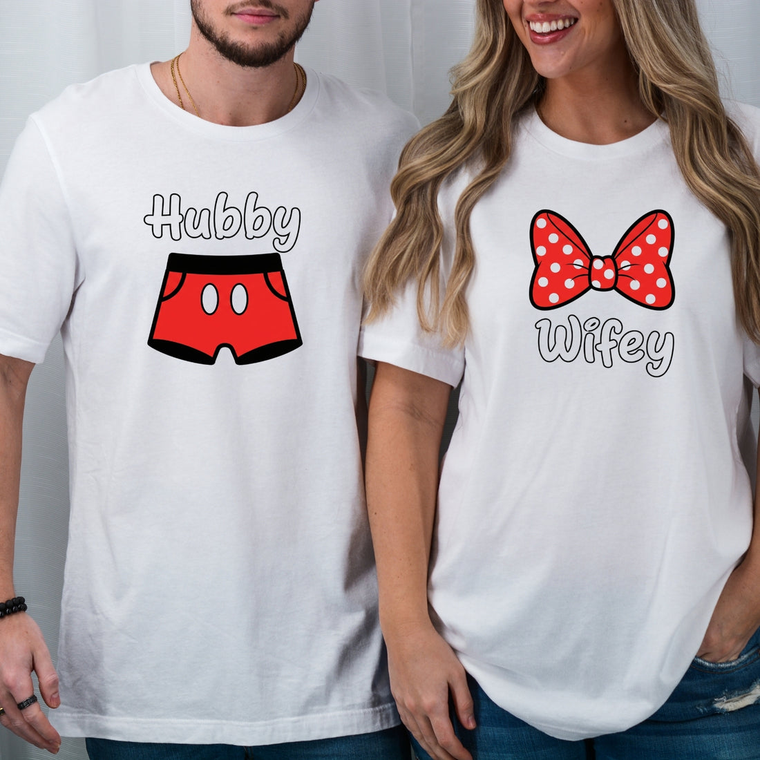 Hubby and Wifey Funny Bowtie Matching T-Shirts For Couples