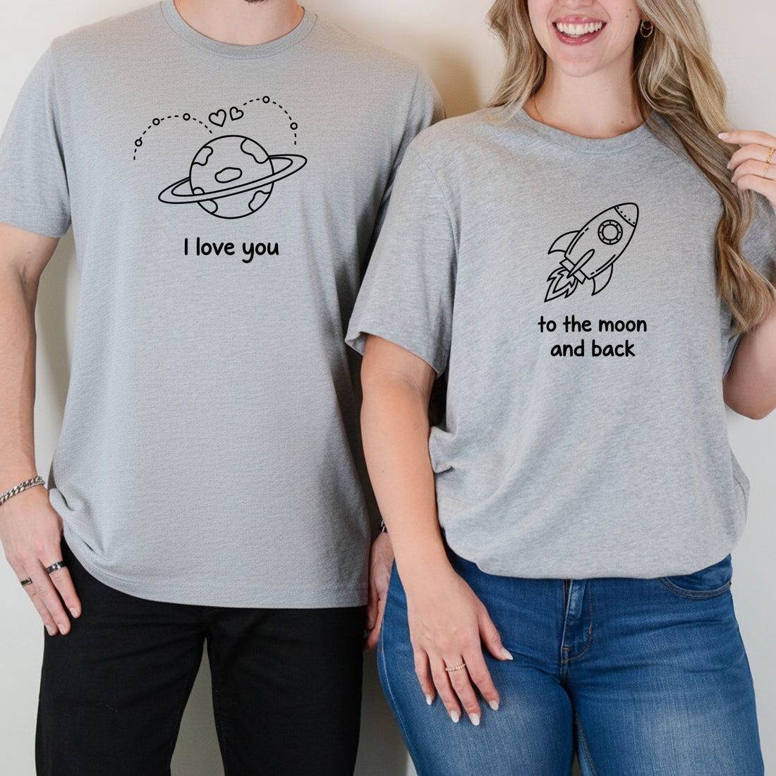 I Love You To The Moon and Back Heart Matching T-Shirts For Couples
