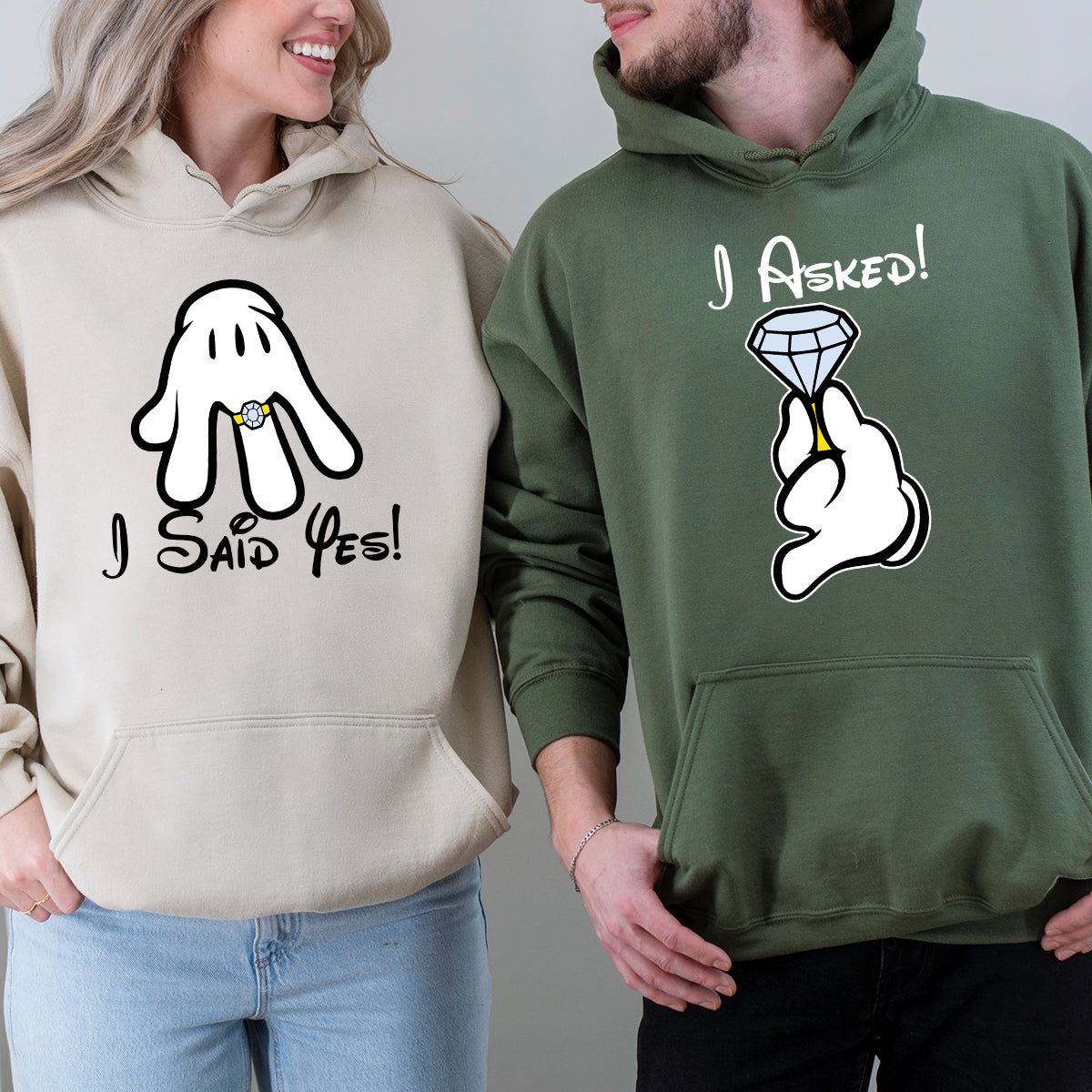 I Asked, I Said Yes Cartoon Matching Hoodies For Couples
