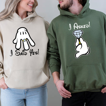 I Asked, I Said Yes Cartoon Matching Hoodies For Couples