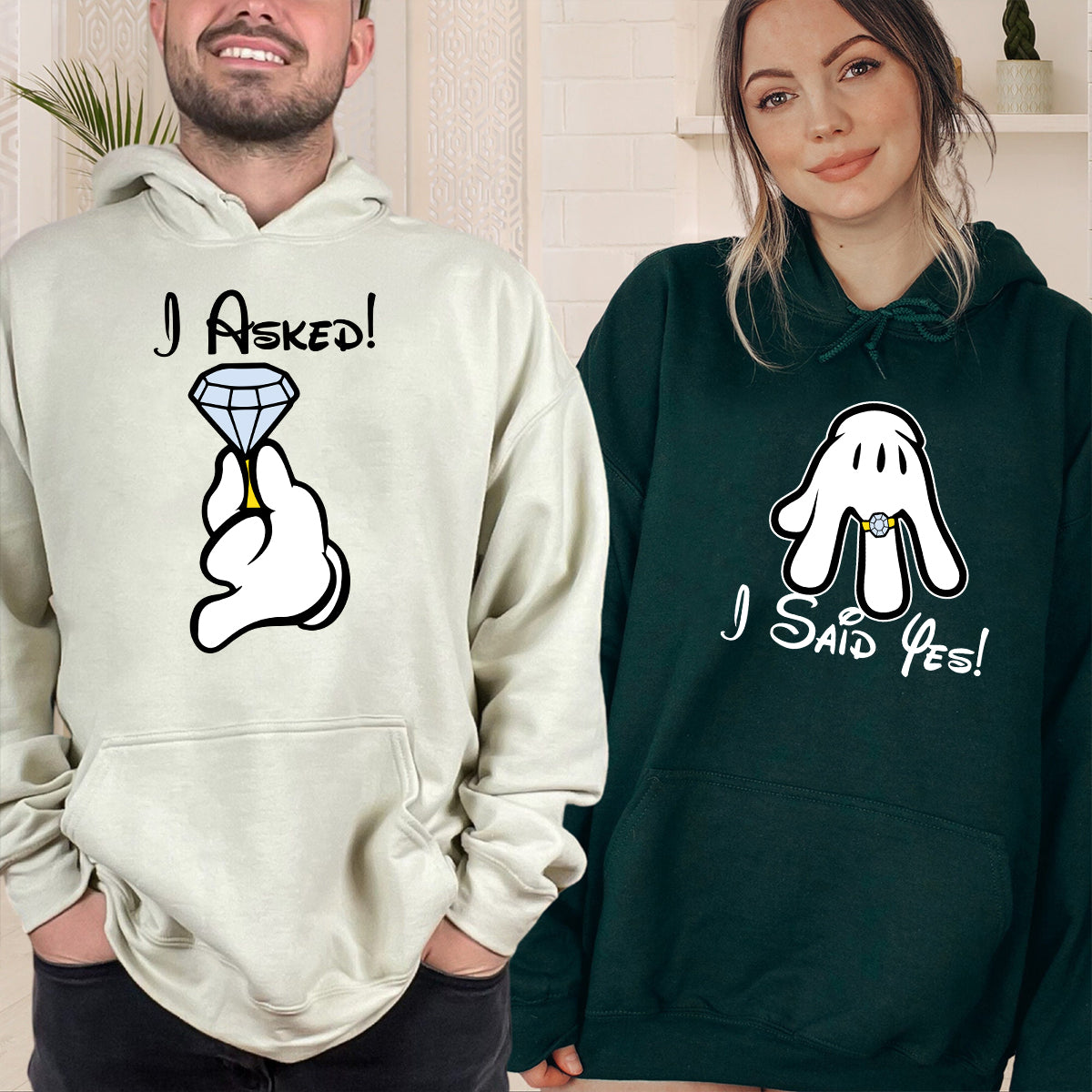 I Asked, I Said Yes Cartoon Matching Hoodies For Couples