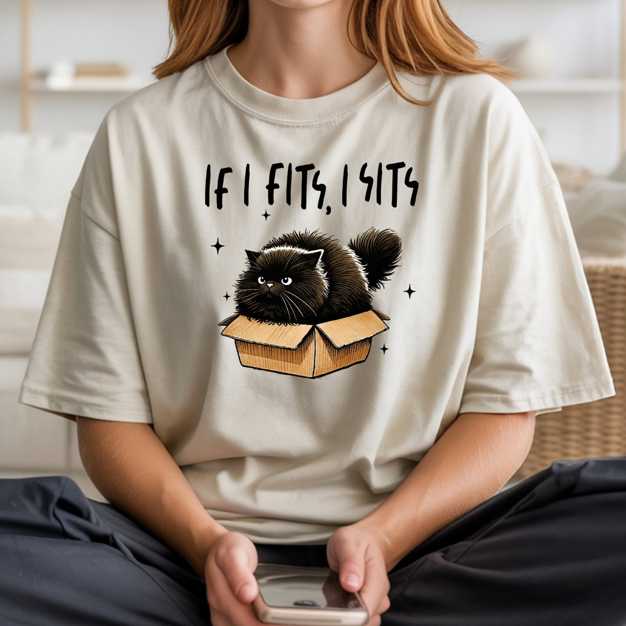 If I Fits I Sits T-Shirt - Funny Cat Sarcastic Graphic Tee
