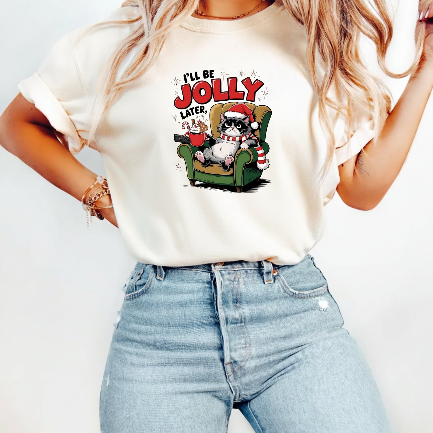 I'll Be Jolly Later Christmas T-Shirt - Funny Cat Sarcastic Graphic Tee