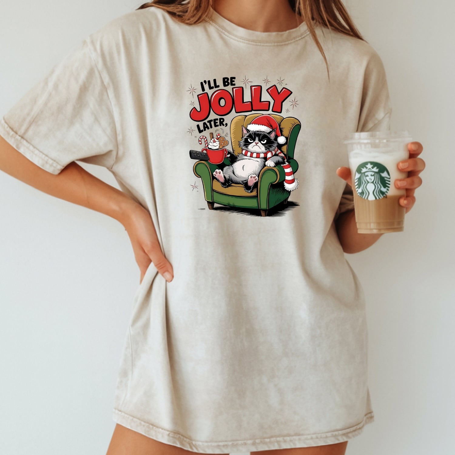 I'll Be Jolly Later Christmas T-Shirt - Funny Cat Sarcastic Graphic Tee