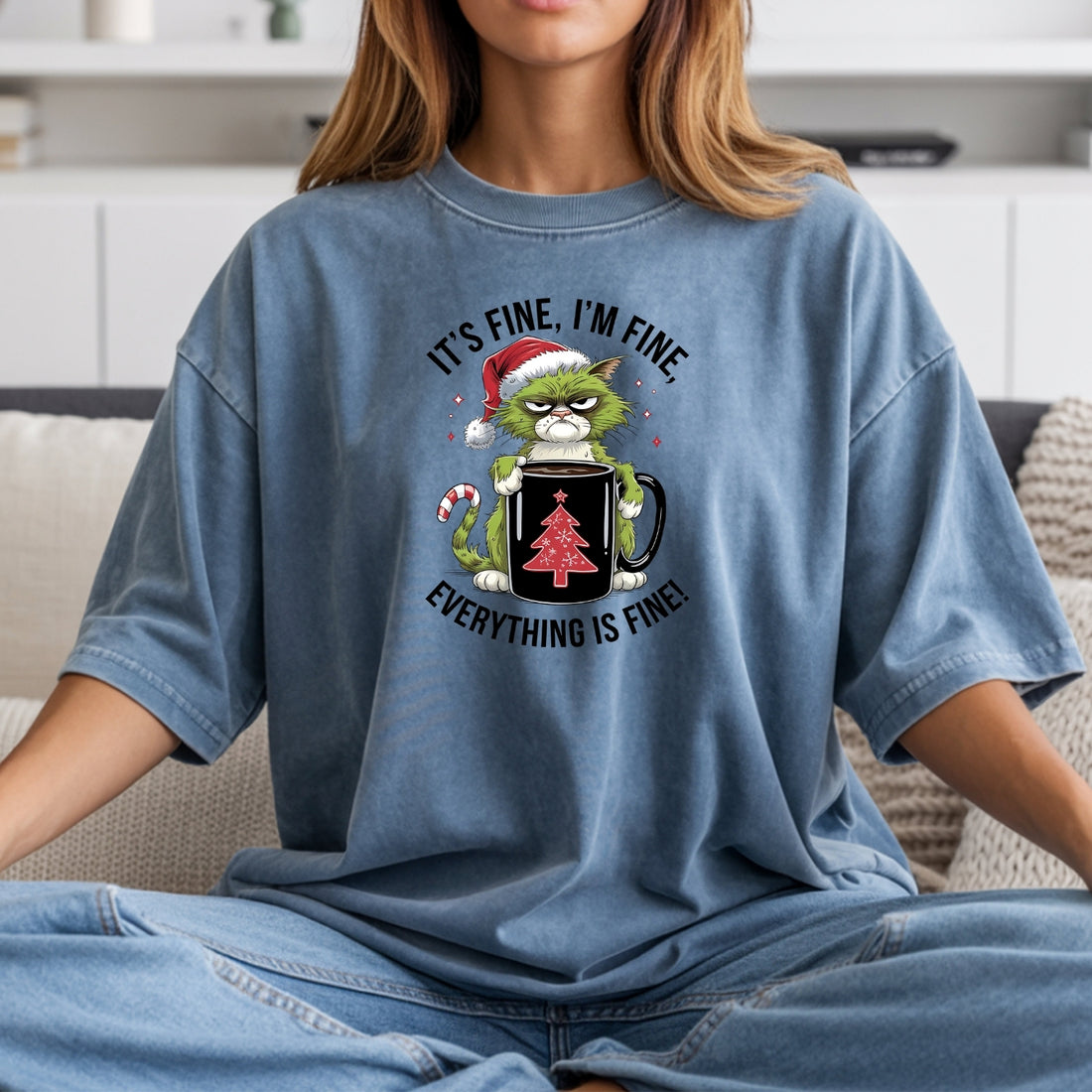 I'm Fine Everything Fine Christmas T-Shirt - Funny Cat Sarcastic Graphic Tee