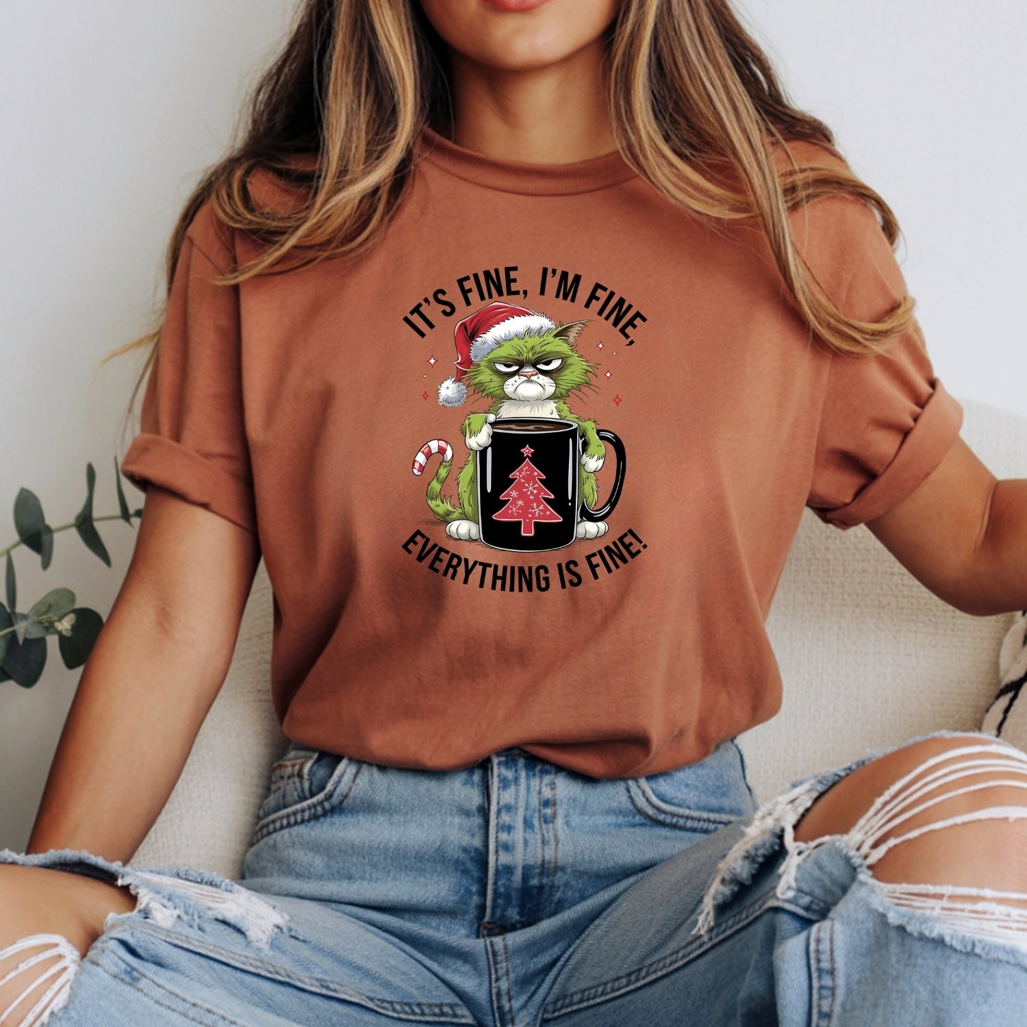 I'm Fine Everything Fine Christmas T-Shirt - Funny Cat Sarcastic Graphic Tee