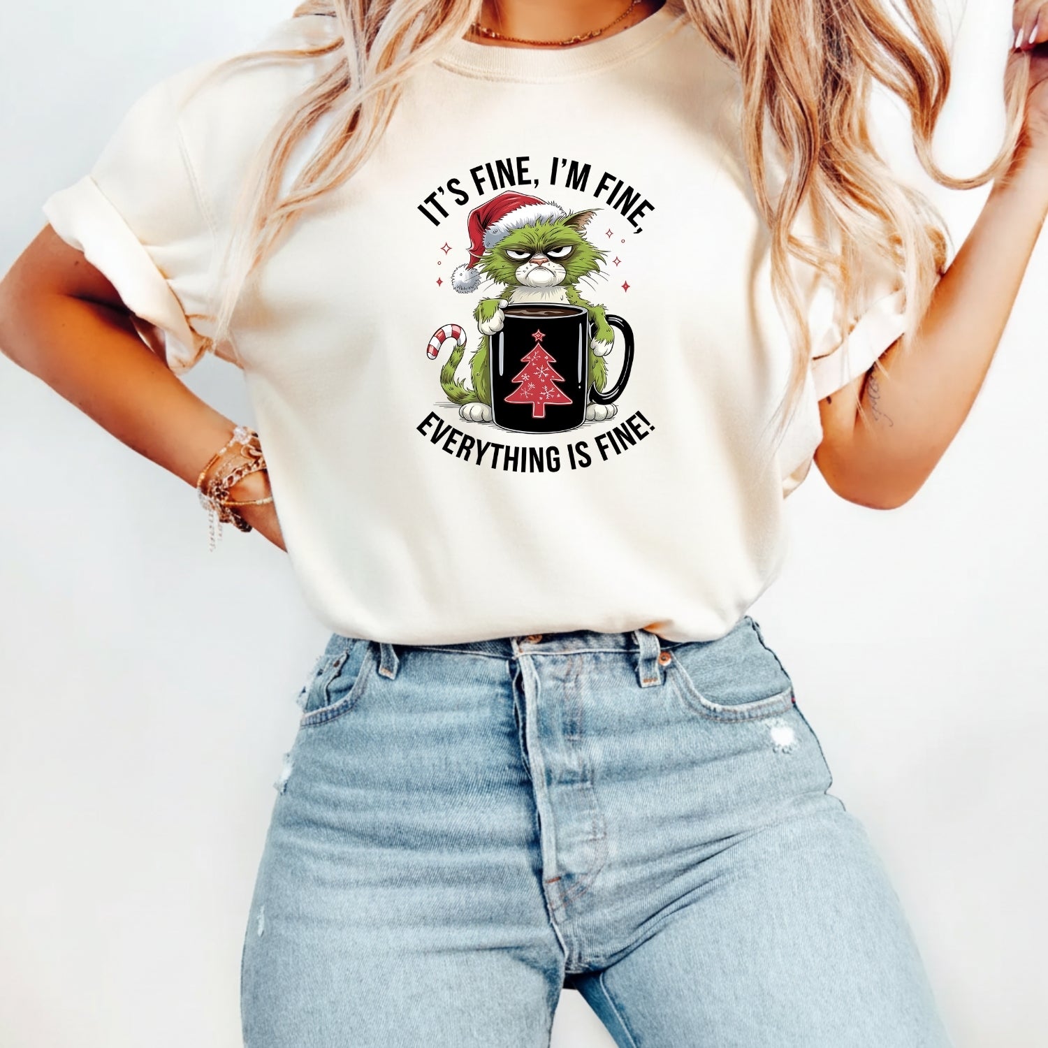 I'm Fine Everything Fine Christmas T-Shirt - Funny Cat Sarcastic Graphic Tee